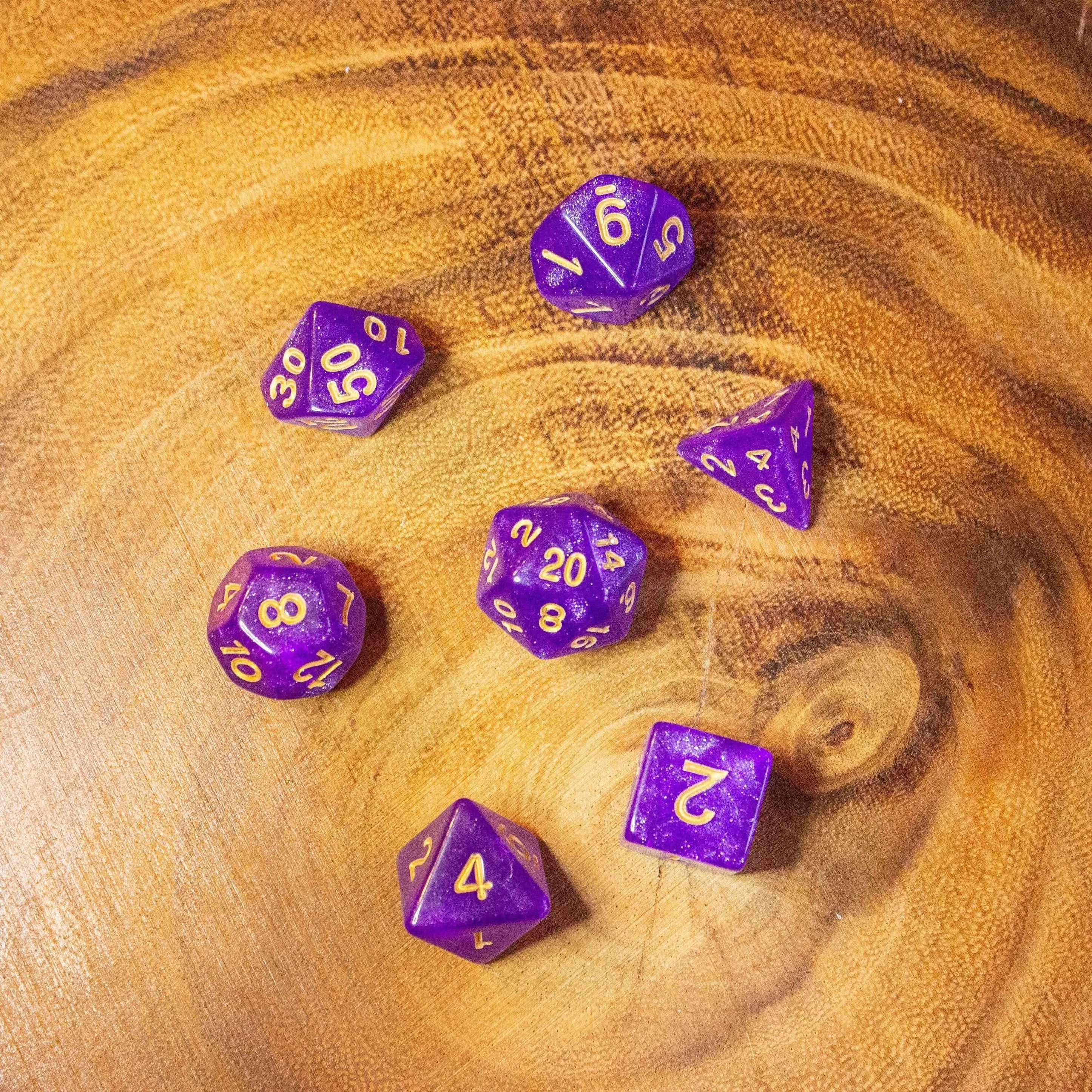 Purple Shimmer Dice With Gold Numbers TTRPG Dice, roll with sophistication with these Purple polyhedral dice - MysteryDiceGoblins