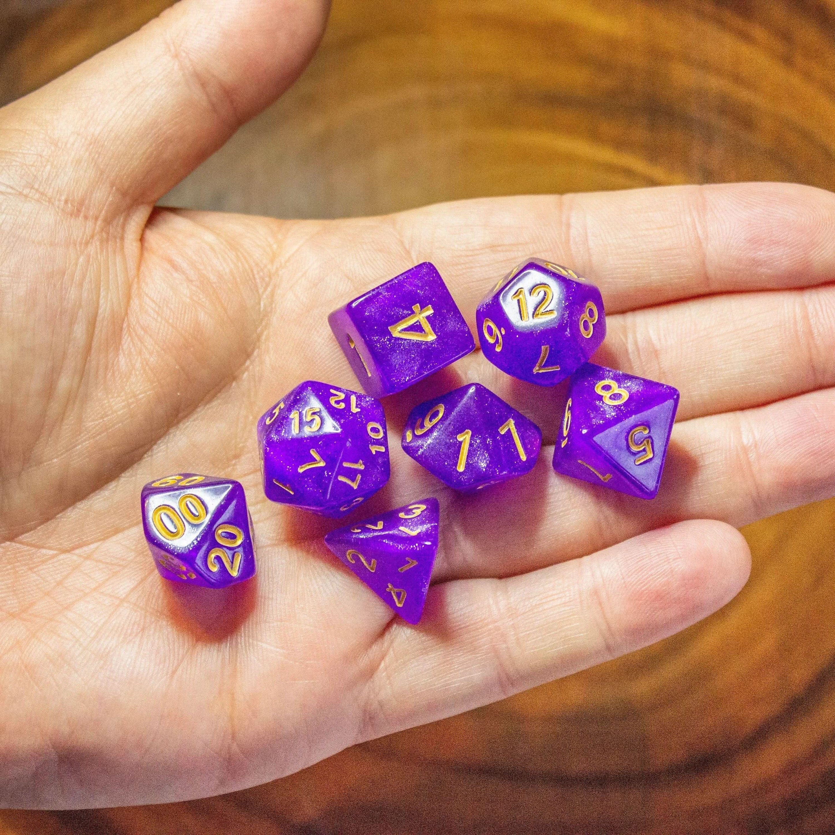 Purple Shimmer Dice With Gold Numbers TTRPG Dice, roll with sophistication with these Purple polyhedral dice - MysteryDiceGoblins