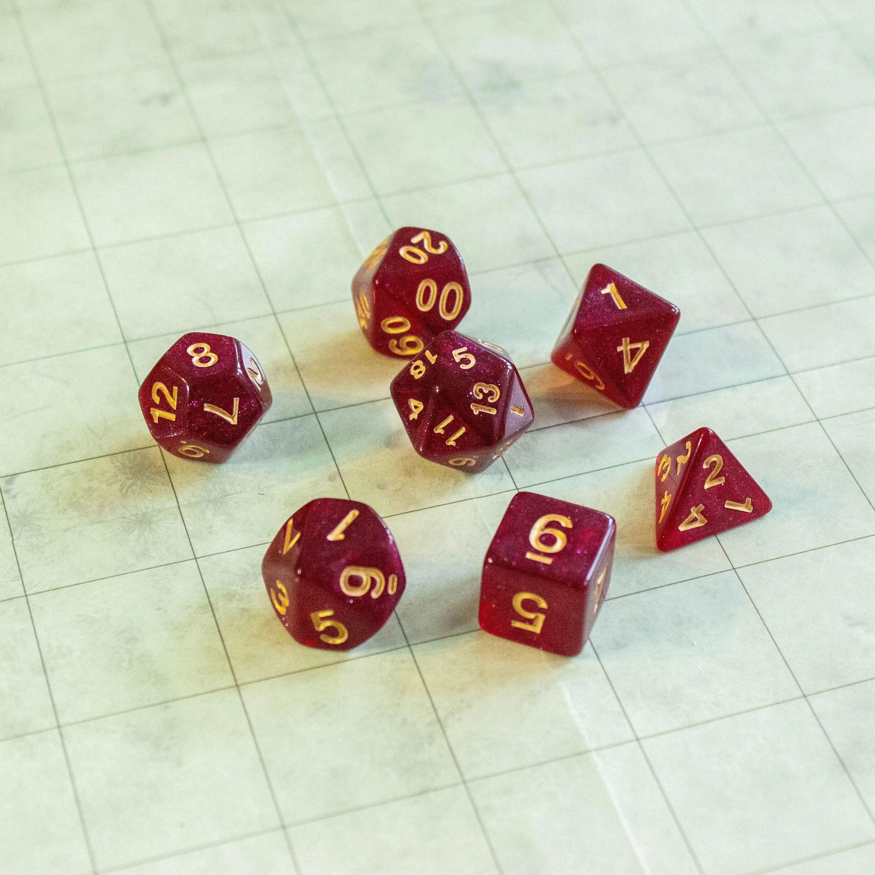 Red Shimmer Dice With White Numbers TTRPG Dice, roll with sophistication with these red polyhedral dice - MysteryDiceGoblins