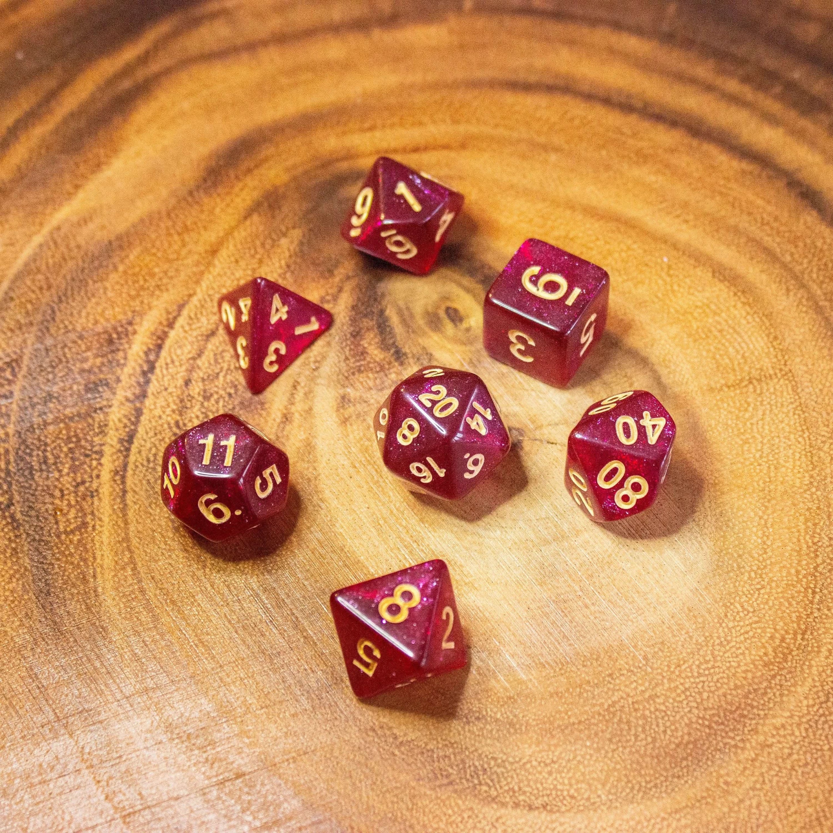 Red Shimmer Dice With White Numbers TTRPG Dice, roll with sophistication with these red polyhedral dice - MysteryDiceGoblins