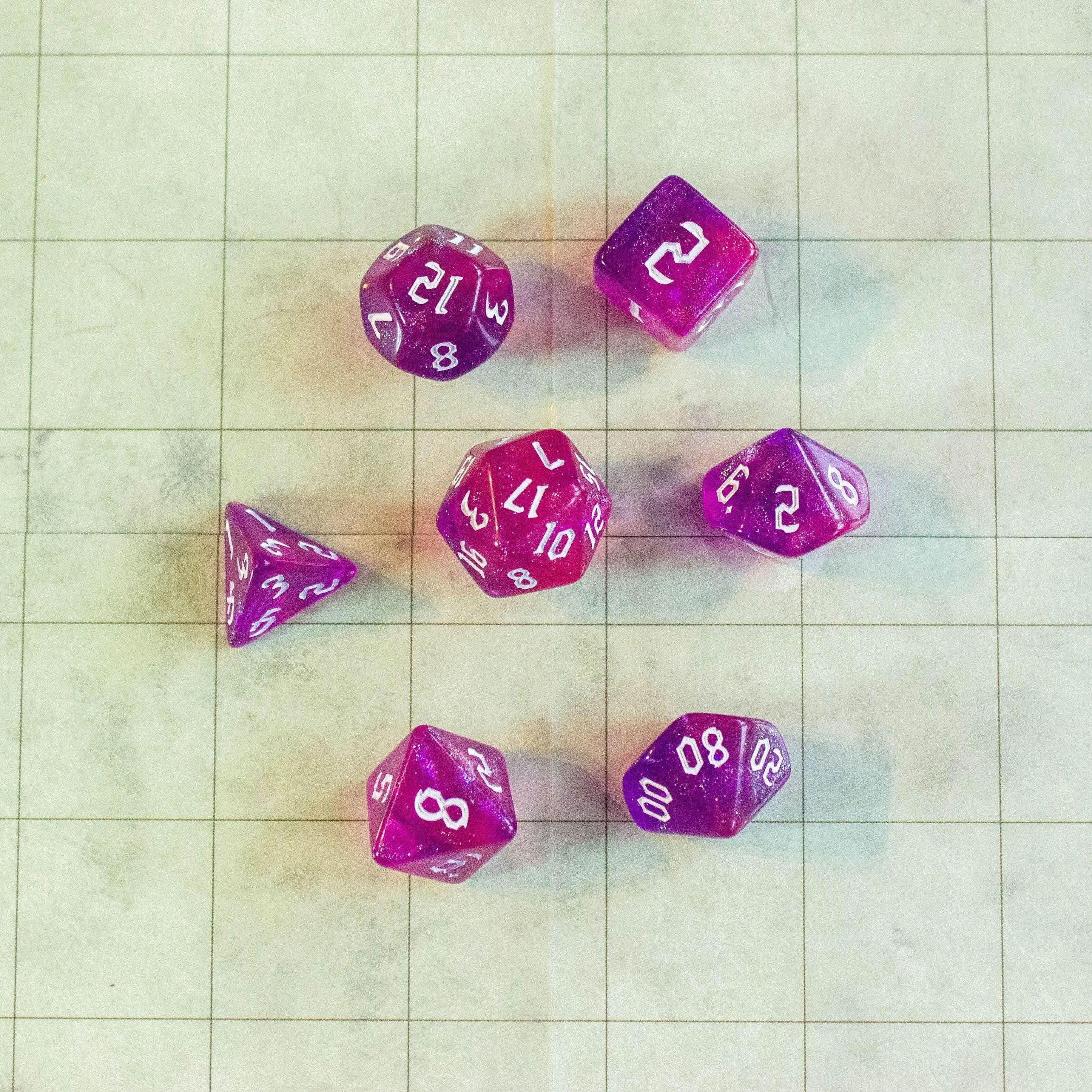 Two-Tone Pink Purple Glitter Dice With White Numbers TTRPG Dice, roll with sophistication with these purple polyhedral dice - MysteryDiceGoblins