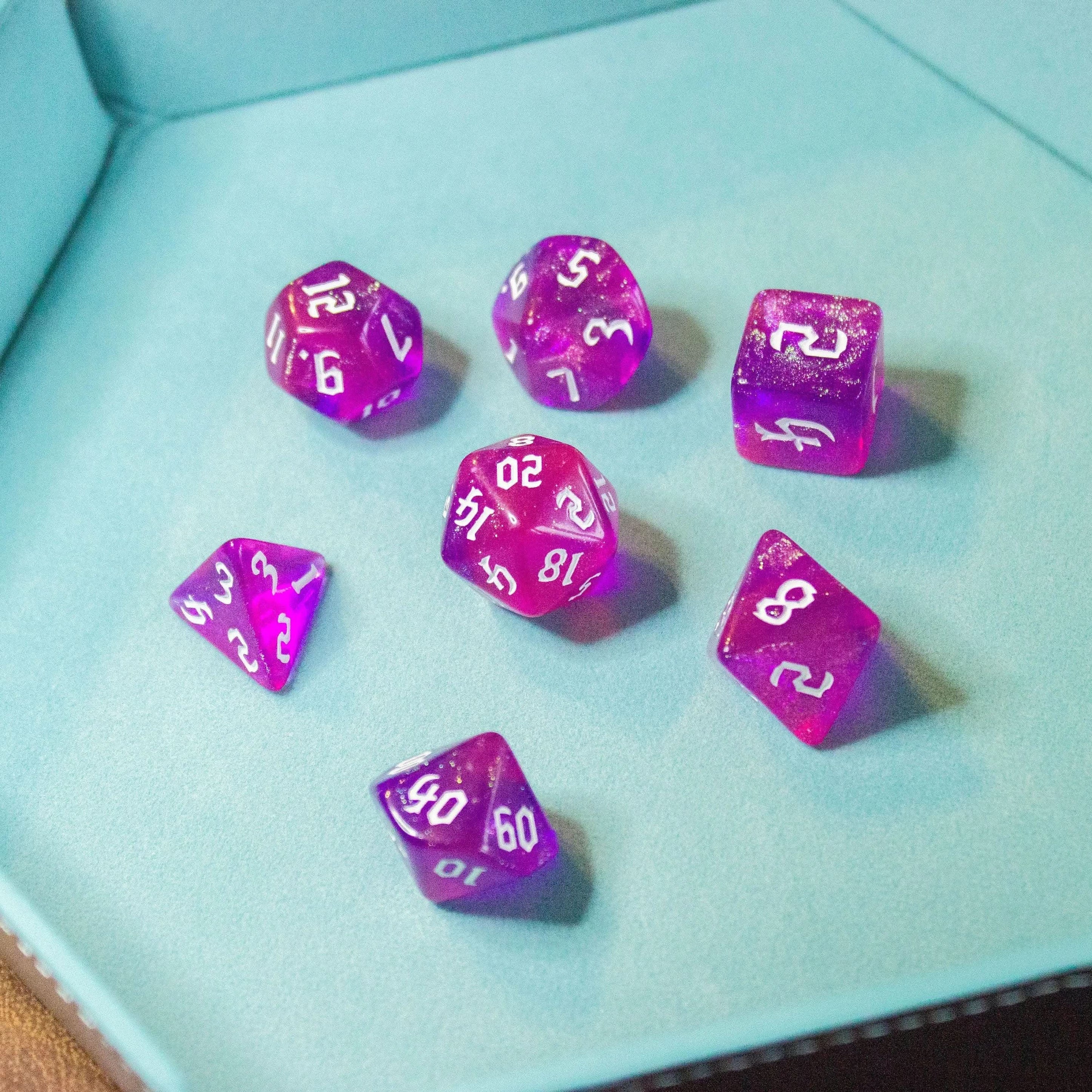 Two-Tone Pink Purple Glitter Dice With White Numbers TTRPG Dice, roll with sophistication with these purple polyhedral dice - MysteryDiceGoblins