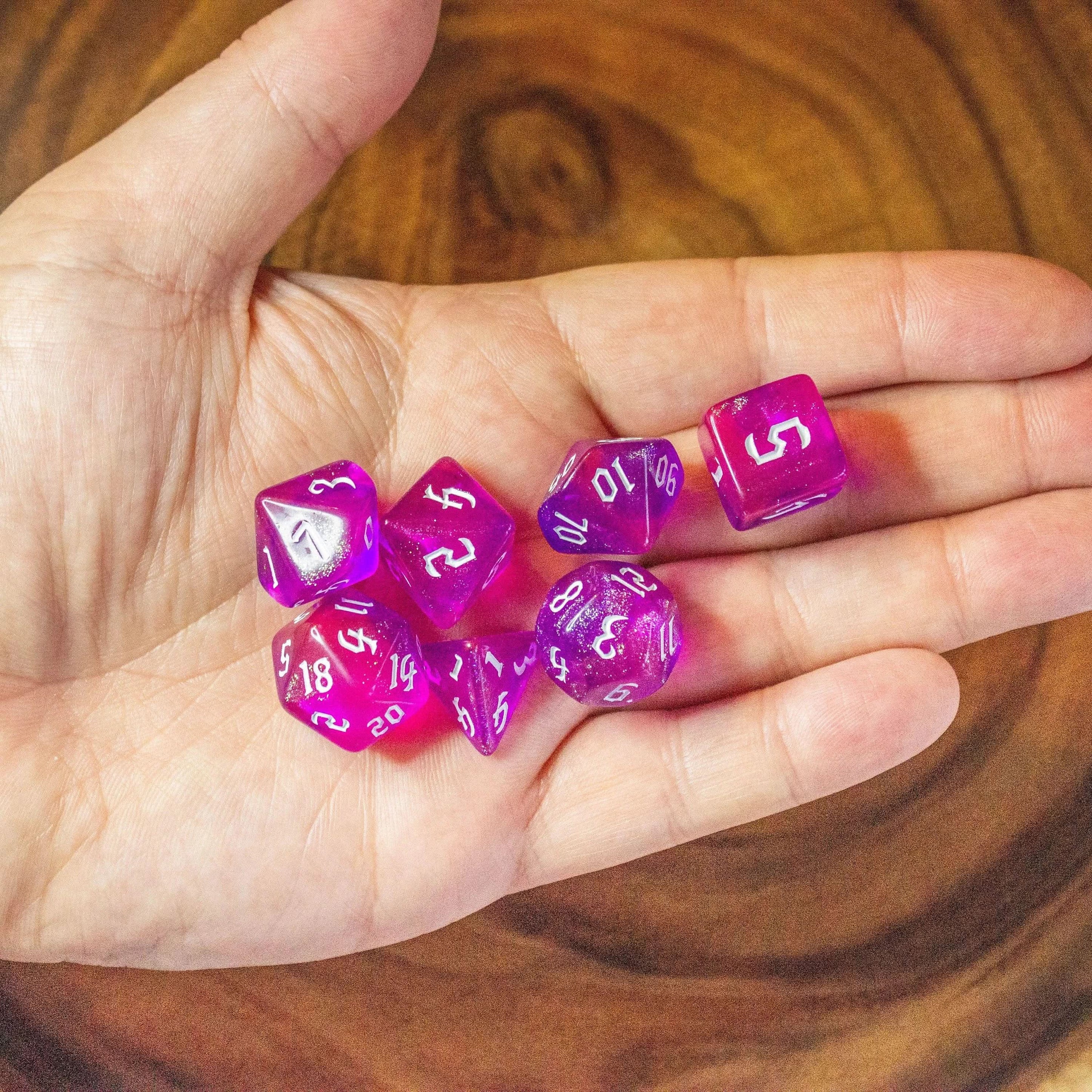 Two-Tone Pink Purple Glitter Dice With White Numbers TTRPG Dice, roll with sophistication with these purple polyhedral dice - MysteryDiceGoblins