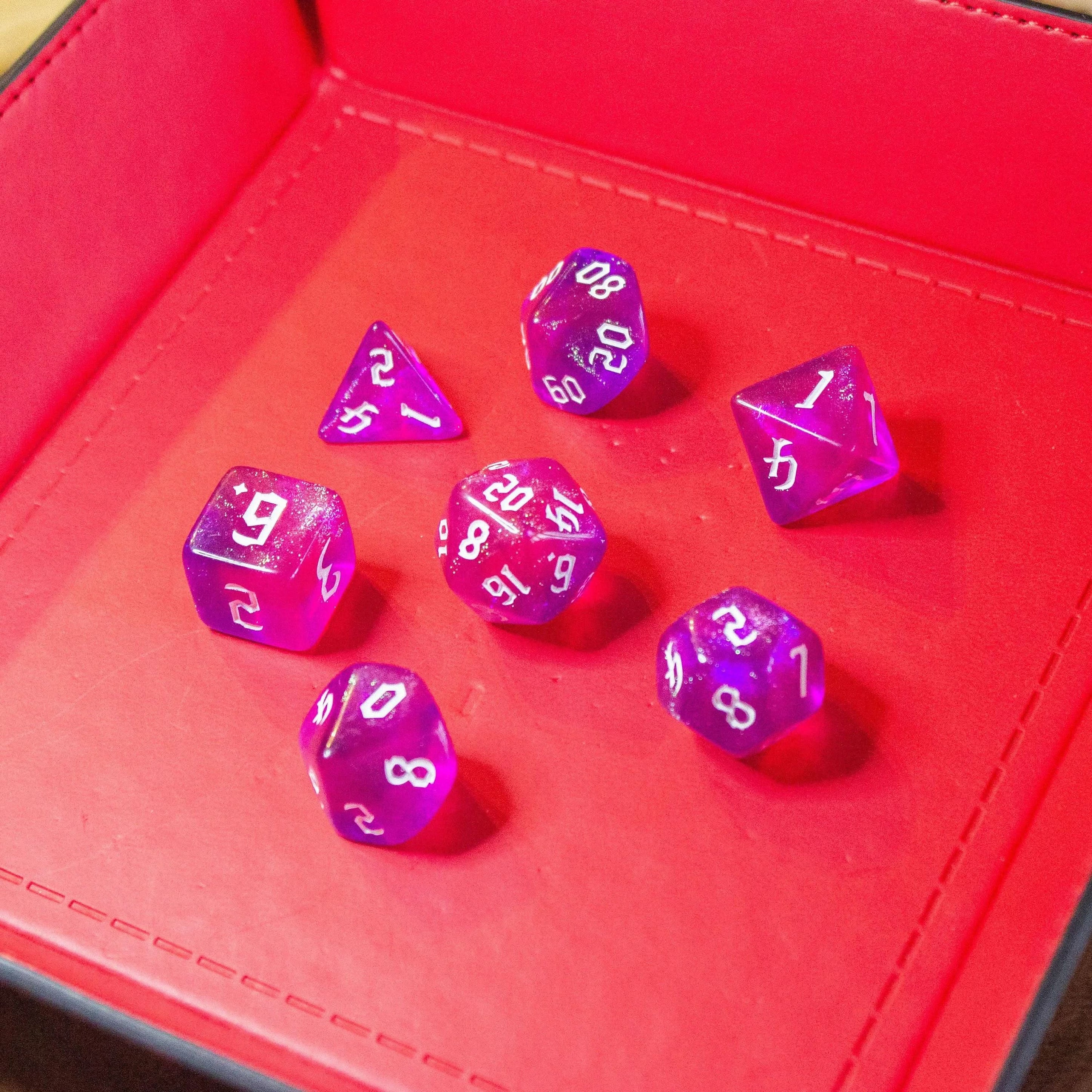 Two-Tone Pink Purple Glitter Dice With White Numbers TTRPG Dice, roll with sophistication with these purple polyhedral dice - MysteryDiceGoblins