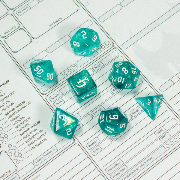 Aqua Fog DnD Dice. Channel the ethereal with these captivating, easy to read premium dice. Give your game a bit of sparkle. - MysteryDiceGoblins