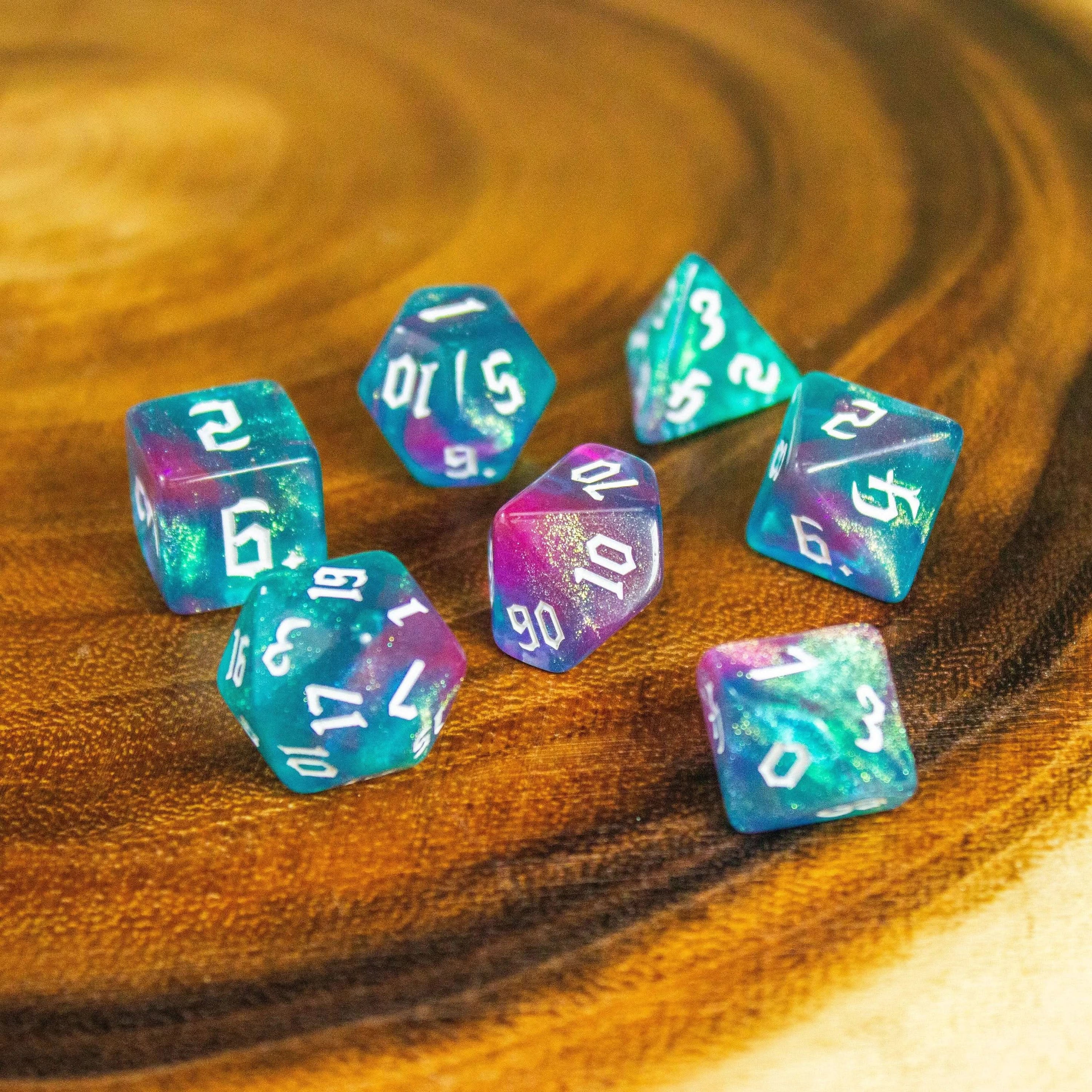 Blue and Purple Fog TTRPG Dice. Channel the ethereal with these captivating, easy to read premium dice. Give your game a bit of sparkle. - MysteryDiceGoblins