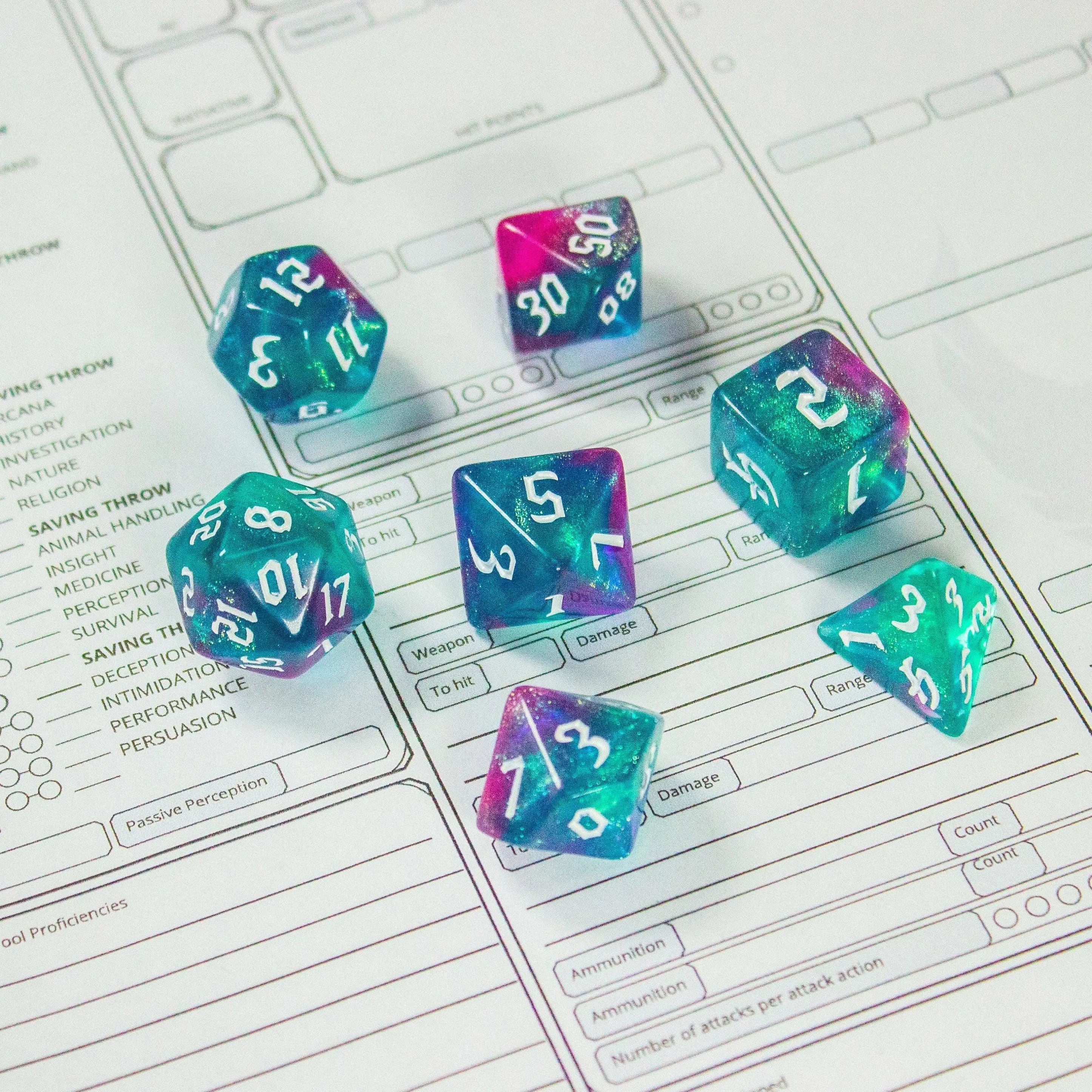 Blue and Purple Fog TTRPG Dice. Channel the ethereal with these captivating, easy to read premium dice. Give your game a bit of sparkle. - MysteryDiceGoblins