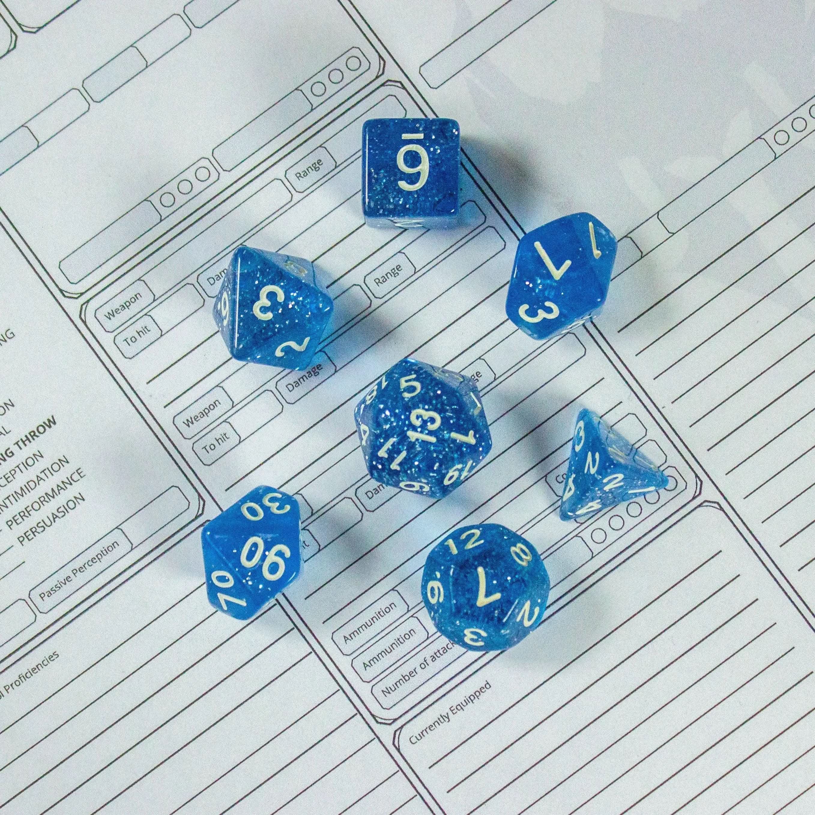 Royal Blue Shimmer Dice With Gold Nunbers TTRPG Dice, roll with sophistication with these blue polyhedral dice - MysteryDiceGoblins