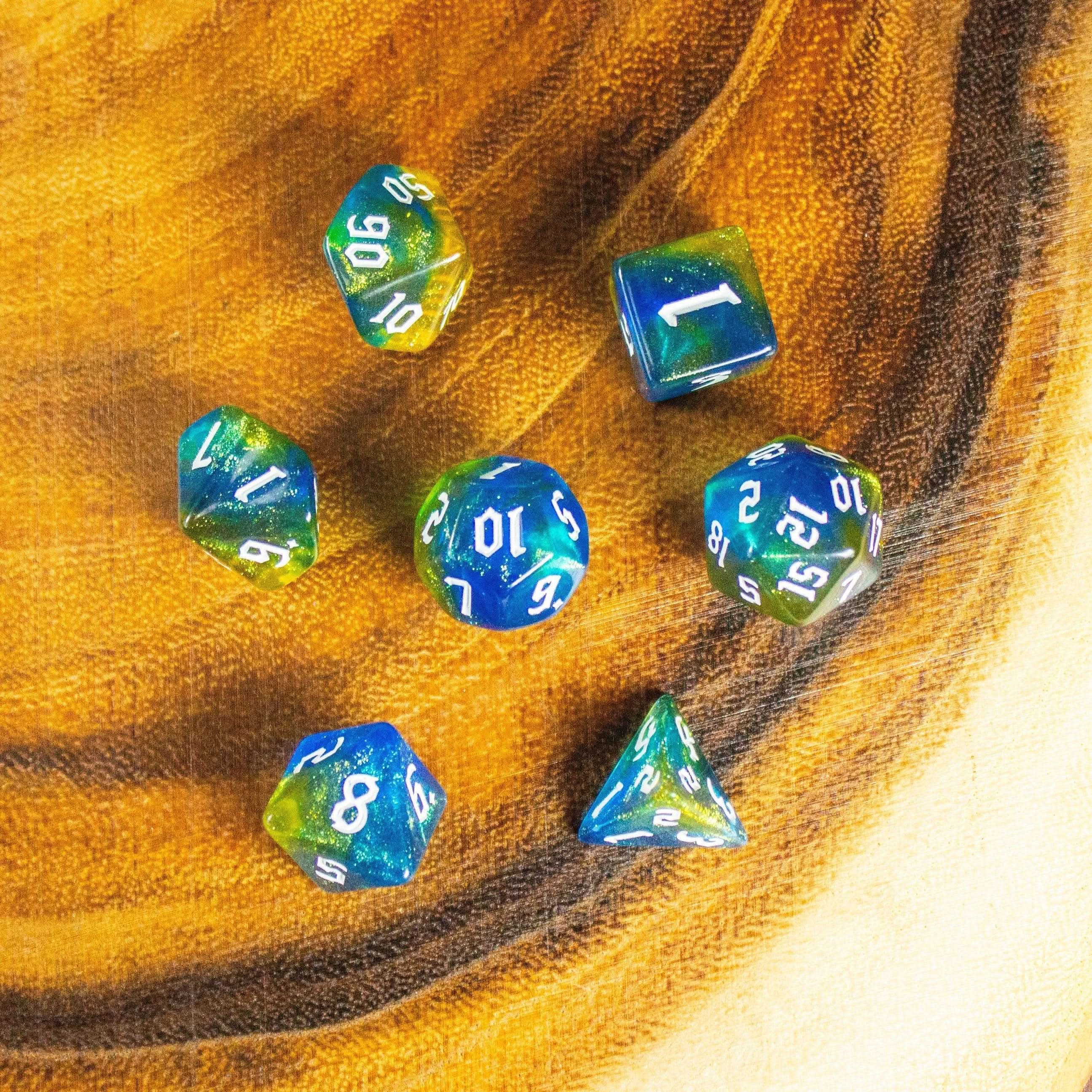 Blue and Yellow Fog TTRPG Dice. Channel the ethereal with these captivating, easy to read premium dice. Give your game a bit of sparkle. - MysteryDiceGoblins