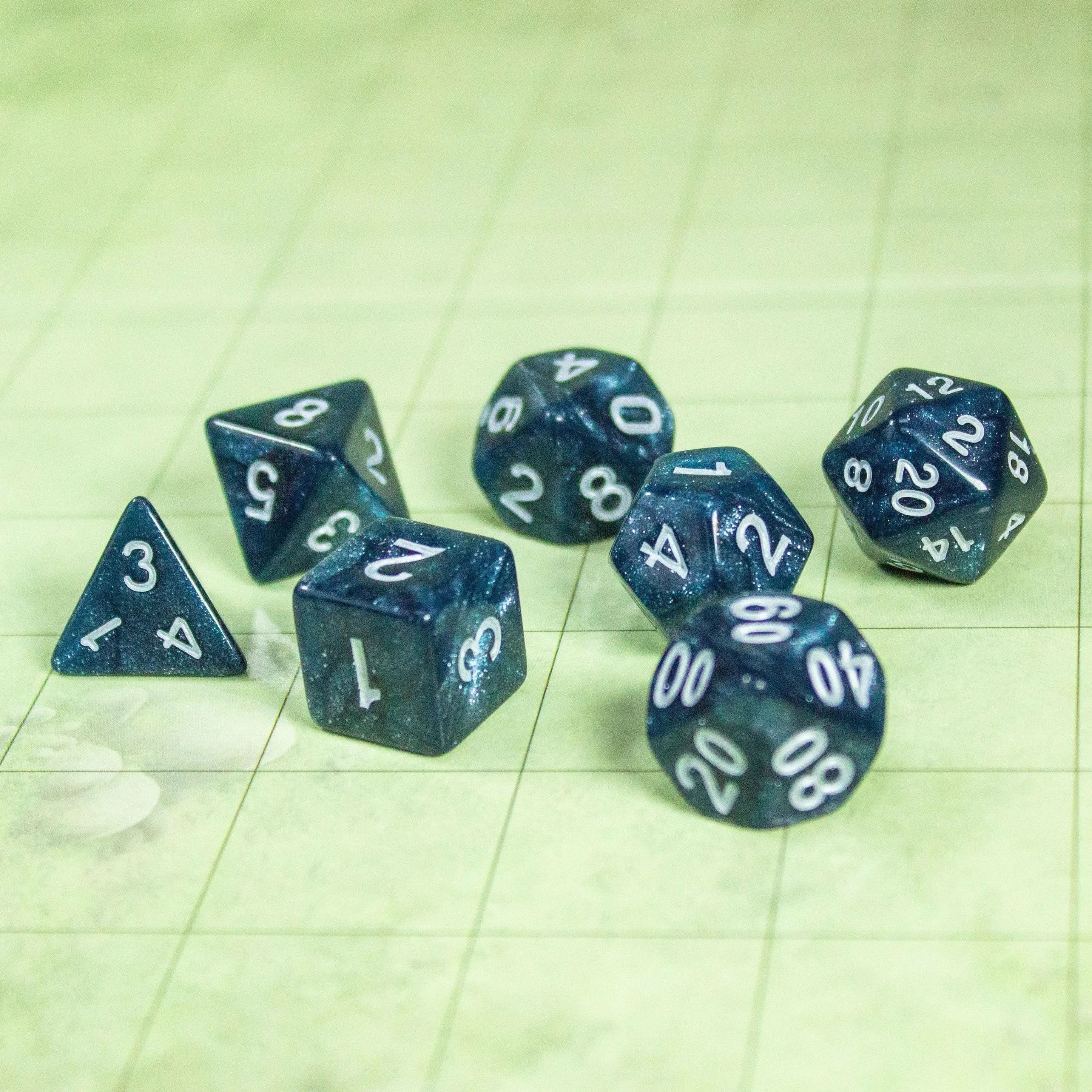 Blue Abyss Shimmer Dice With White Numbers TTRPG Dice, roll with sophistication with these blue polyhedral dice - MysteryDiceGoblins