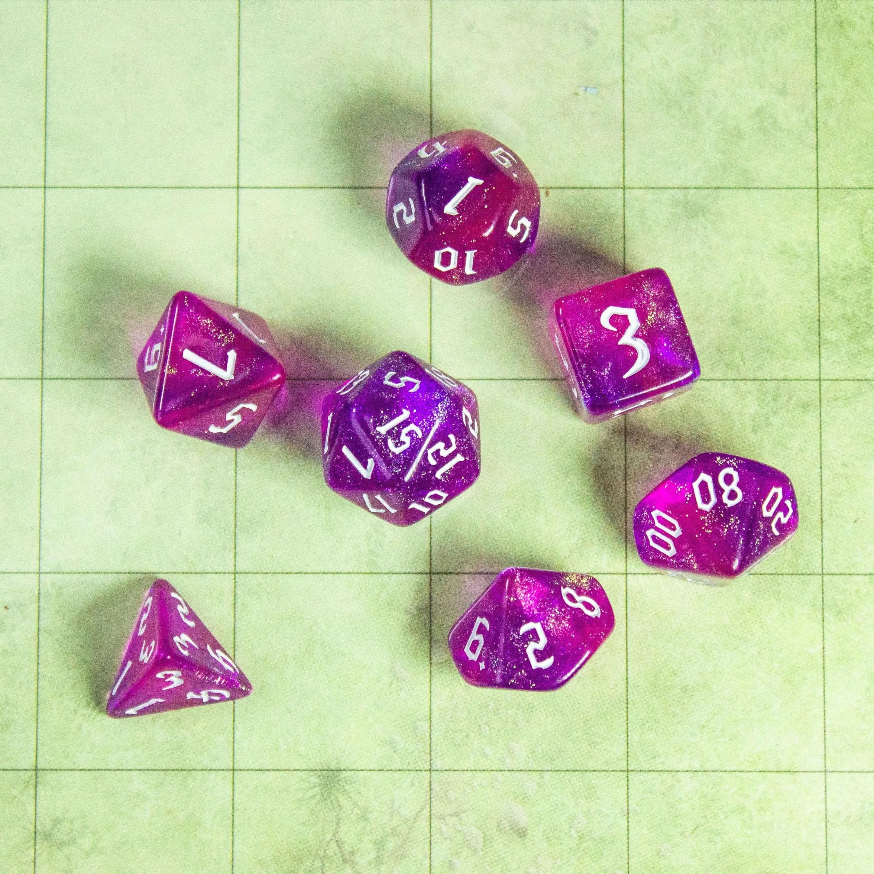 Violet Fog TTRPG Dice. Channel the ethereal with these captivating, easy to read premium dice. Give your game a bit of sparkle. - MysteryDiceGoblins
