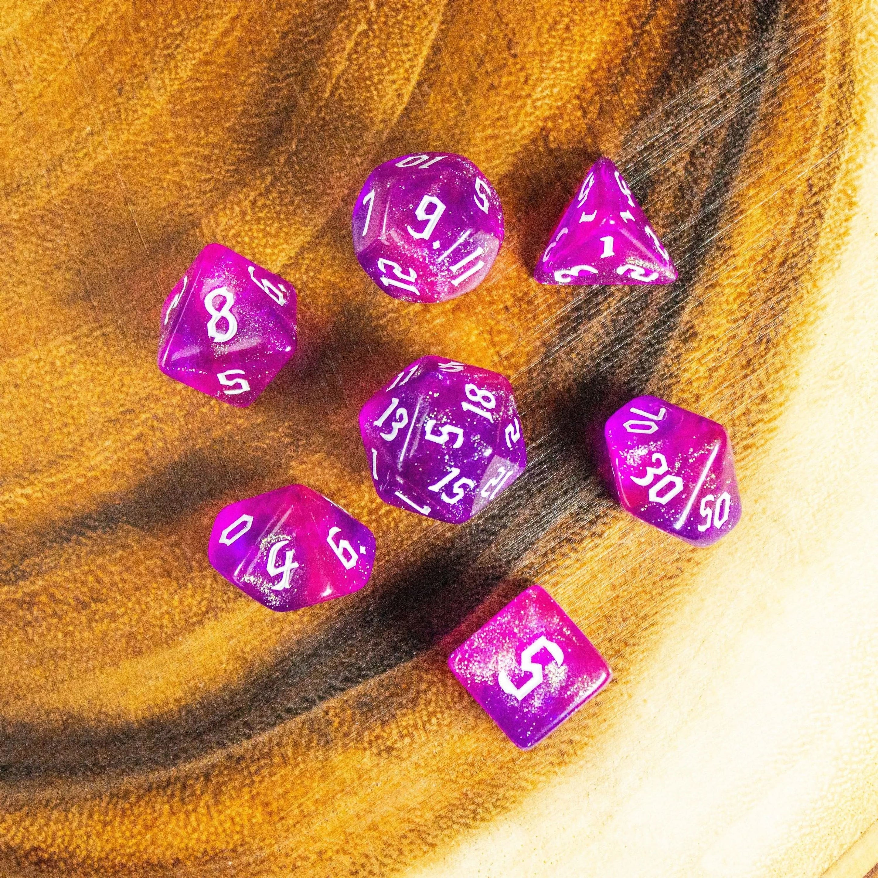 Violet Fog TTRPG Dice. Channel the ethereal with these captivating, easy to read premium dice. Give your game a bit of sparkle. - MysteryDiceGoblins