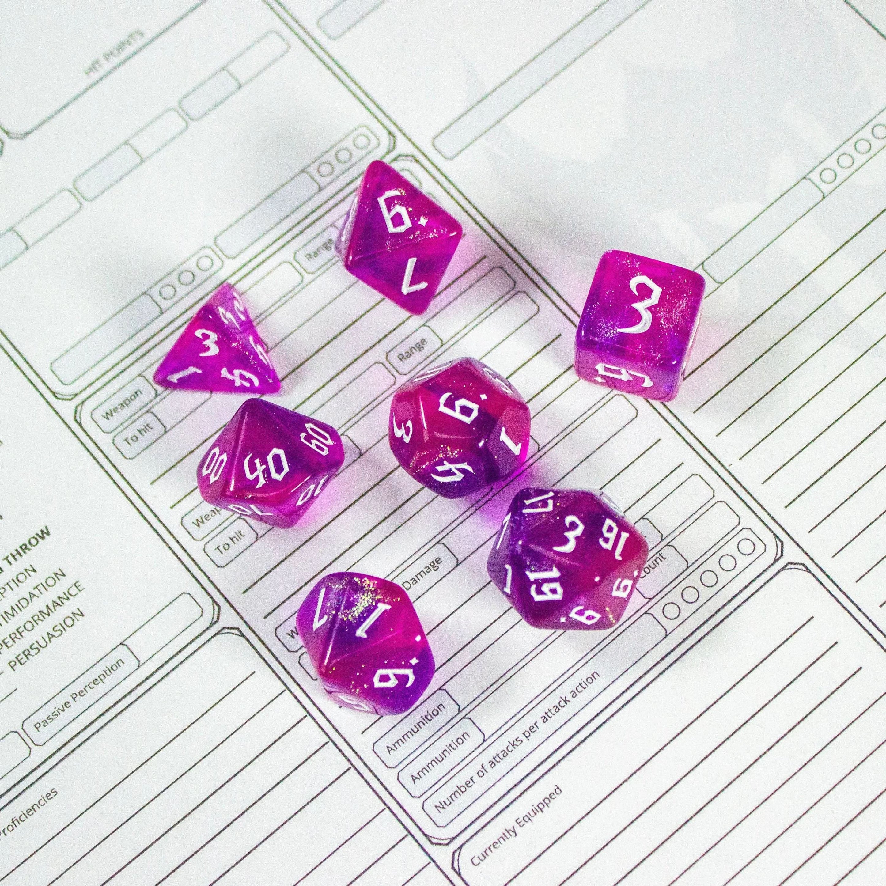 Violet Fog TTRPG Dice. Channel the ethereal with these captivating, easy to read premium dice. Give your game a bit of sparkle. - MysteryDiceGoblins