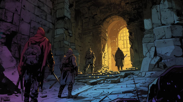 4 adventurers one a monk 5e wandering inside an abandoned temple