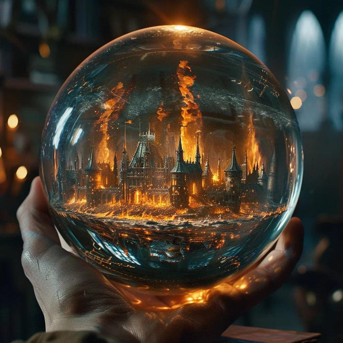 a burning city seen through a Scrying 5e wizard 