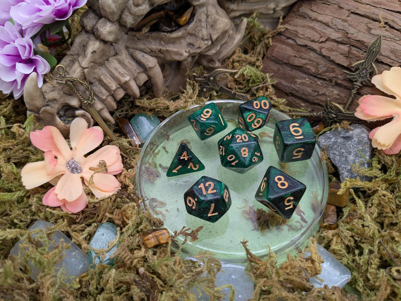Green and Black Galaxy Dice Set