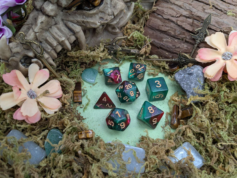 Green and Red Galaxy Dice Set