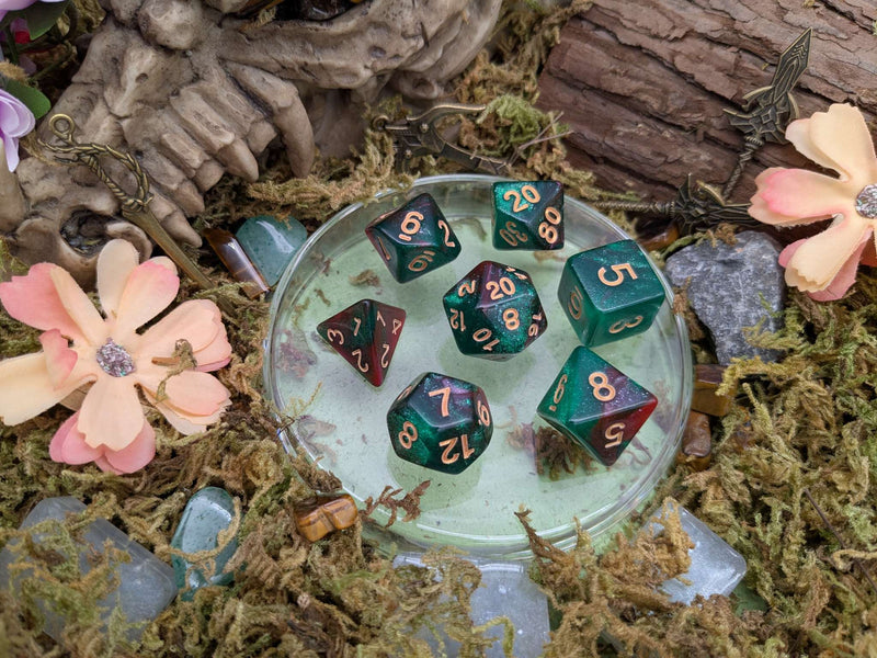 Green and Red Galaxy Dice Set