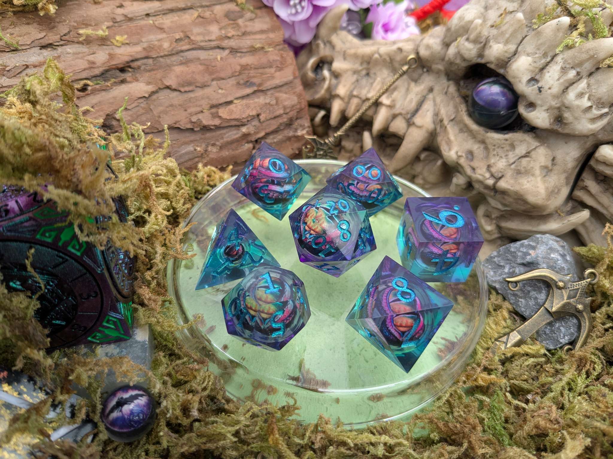Purple Green Dragon Eye Liquid Core Dice Set