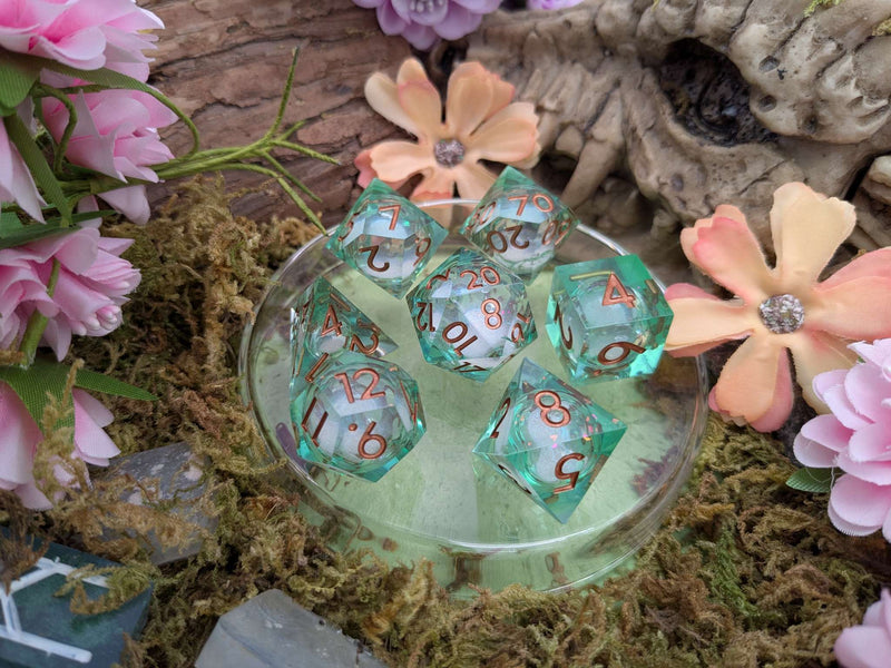 Green and Gold Shimmer Liquid Core Dice Set