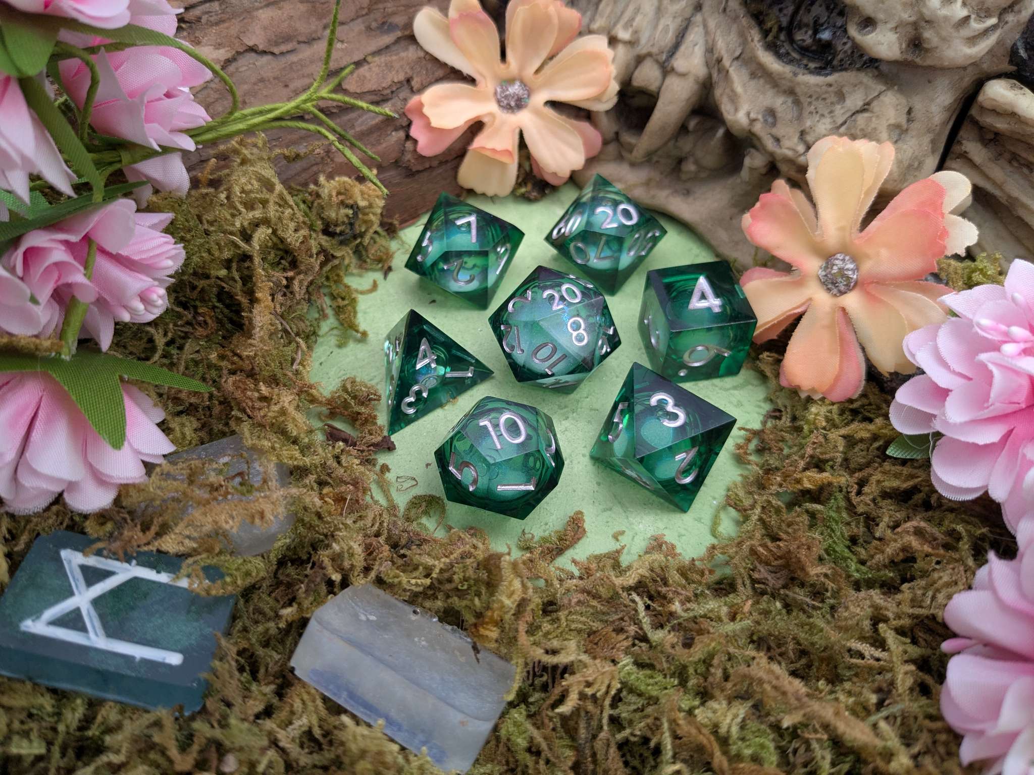 Shimmer Green and Silver Liquid Core Dice Set