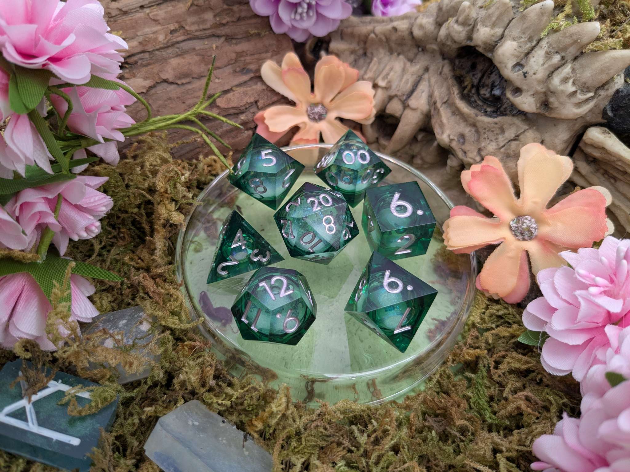 Shimmer Green and Silver Liquid Core Dice Set