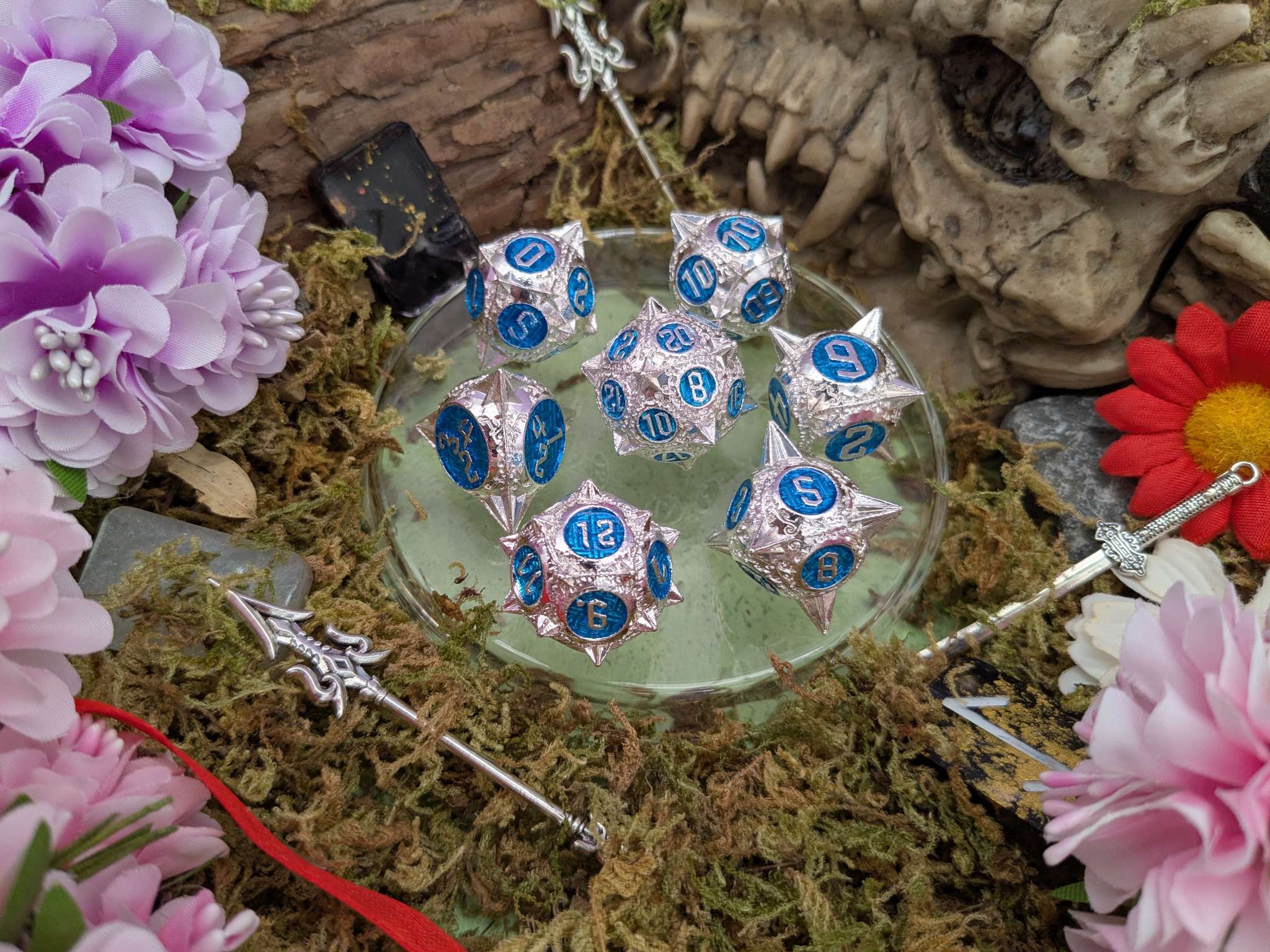 Caltrops Silver and Blue Metal Core Dice Set