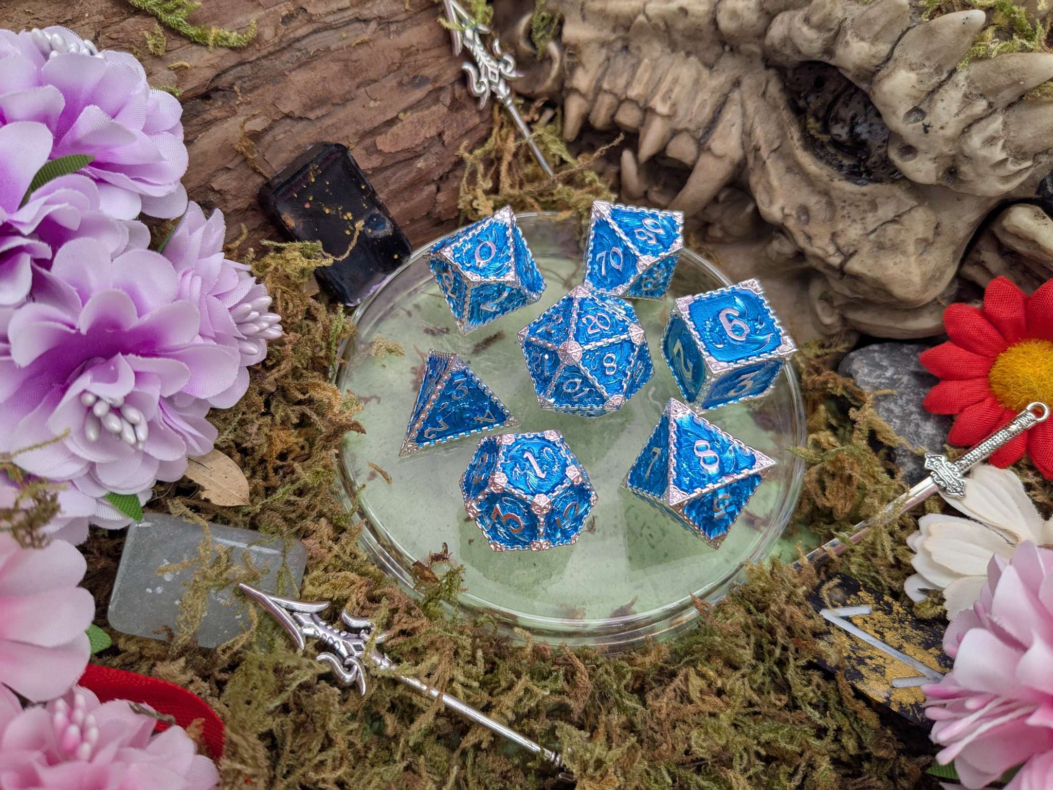 Dragon Blue and Silver Metal Core Dice Set