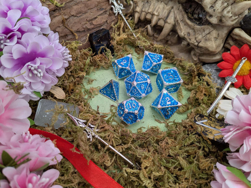 Dragon Blue and Silver Metal Core Dice Set