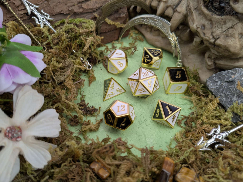 Dual Tone Black White and Gold Metal Core Dice Set
