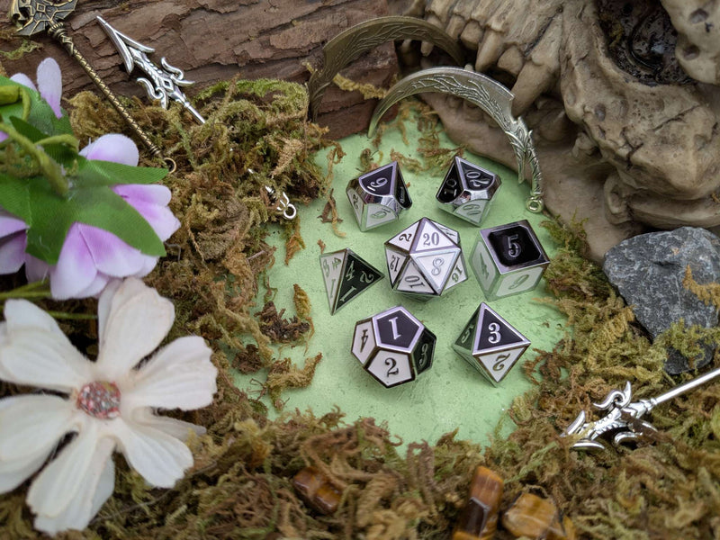 Dual Tone Black White and Silver Metal Core Dice Set