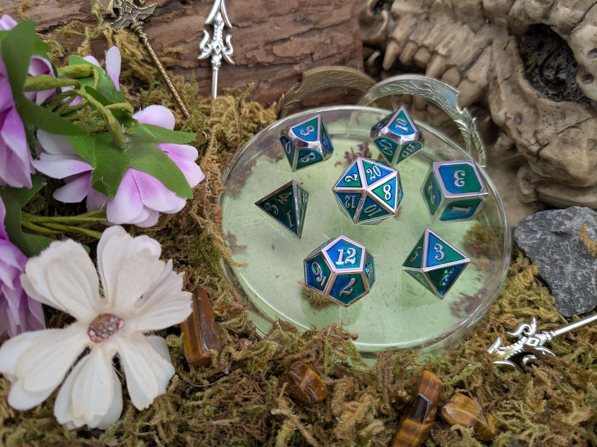 Dual Tone Green Blue and Silver Metal Core Dice Set