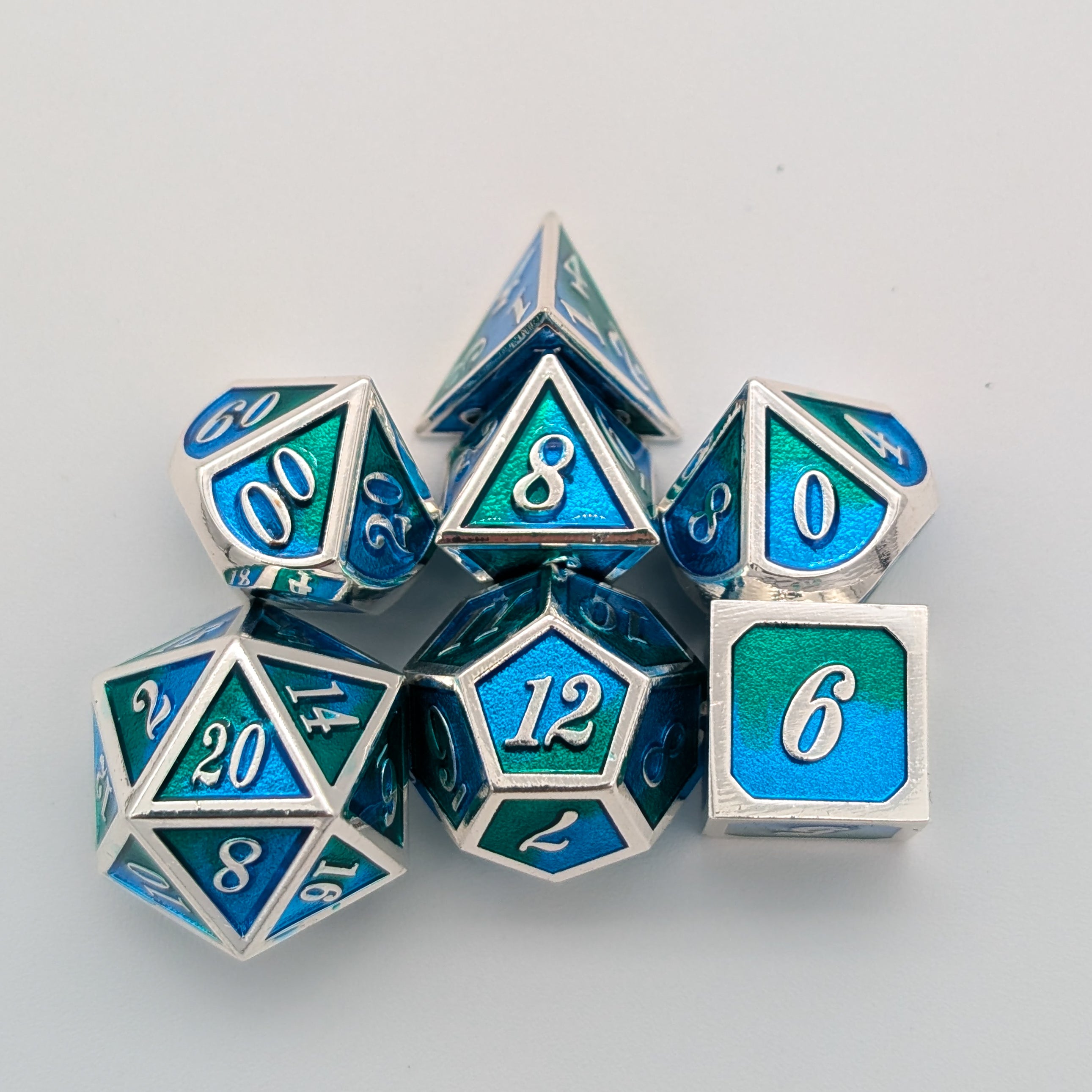 Dual Tone Green Blue and Silver Metal Core Dice Set
