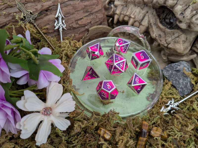 Dual Tone Pink Purple and Silver Metal Core Dice Set