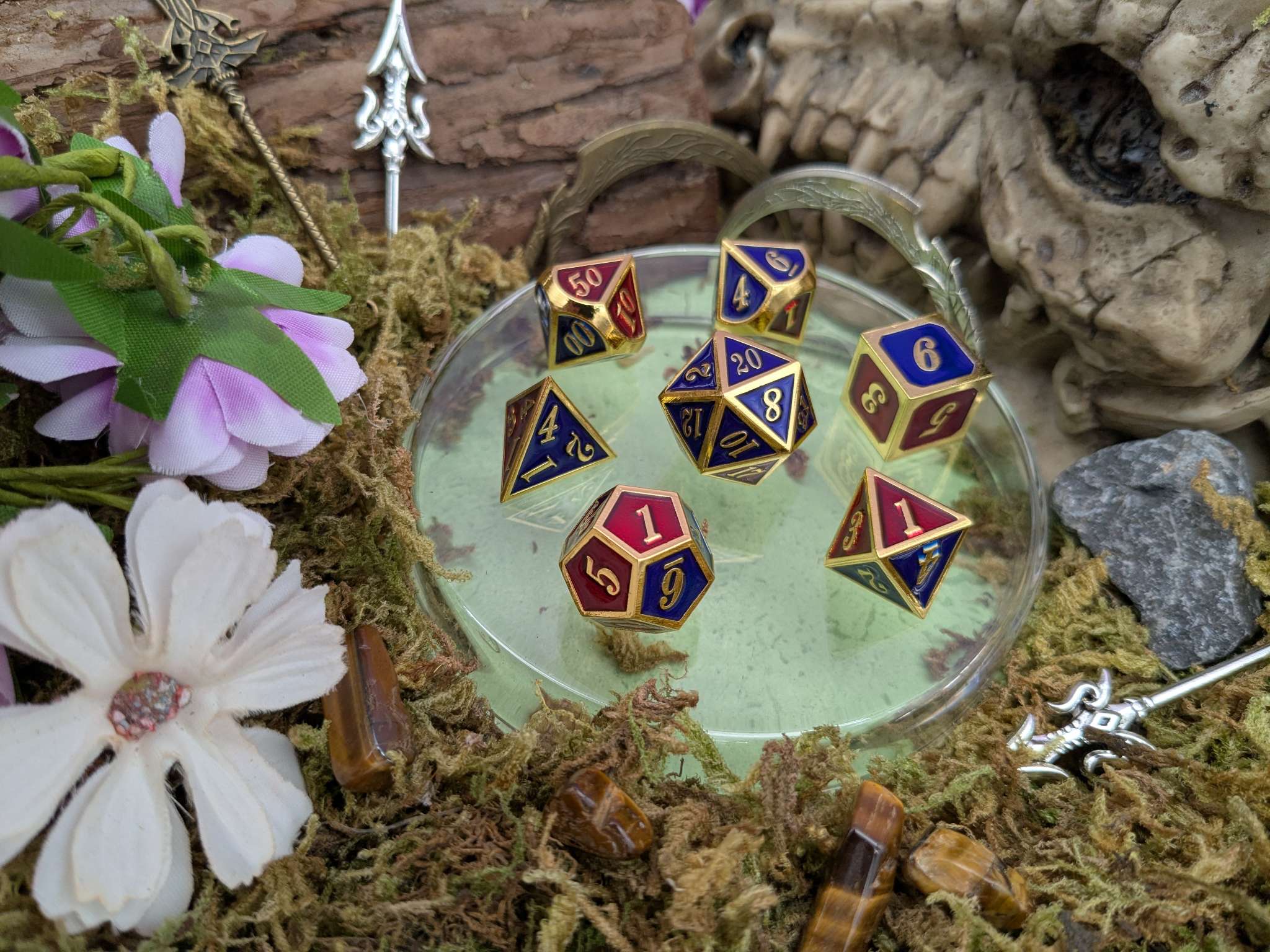Simple Red Blue and Gold Metal Core Dice Set