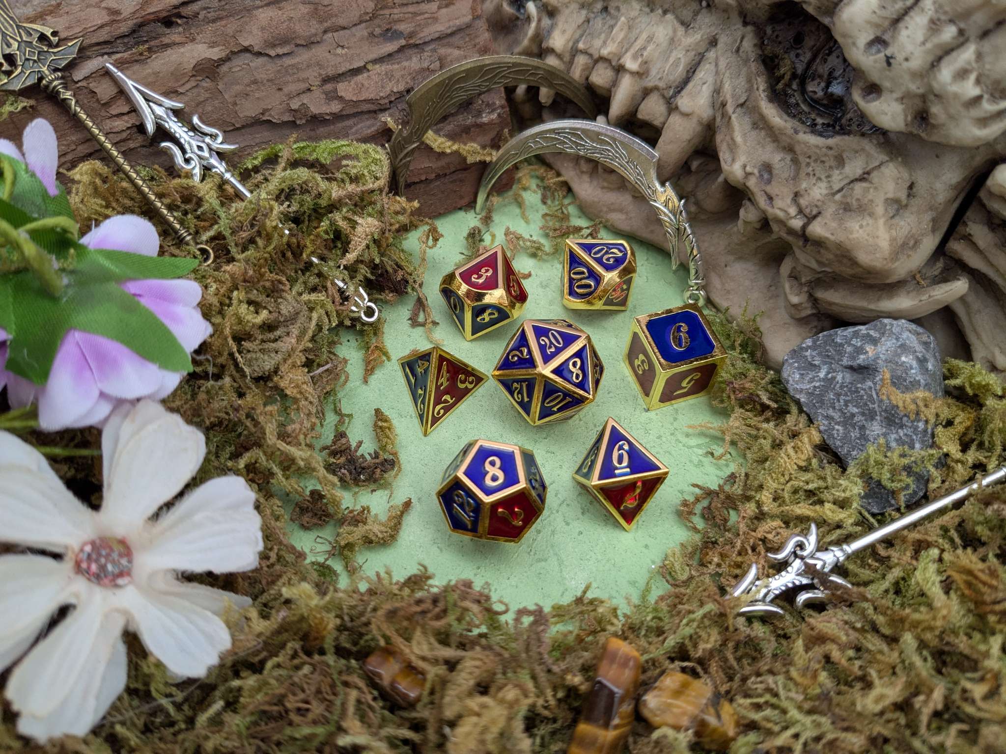 Simple Red Blue and Gold Metal Core Dice Set
