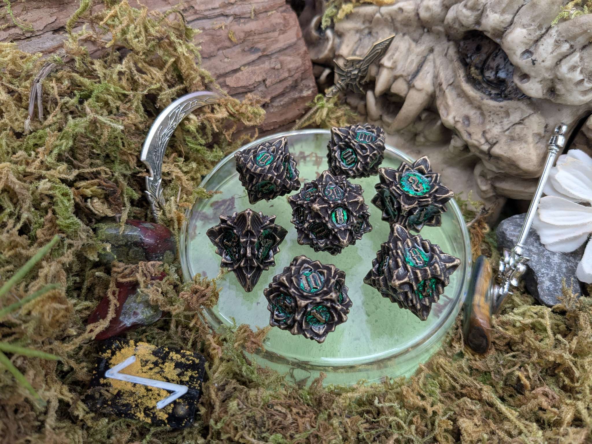 Flower Brass and Green Metal Core Dice Set