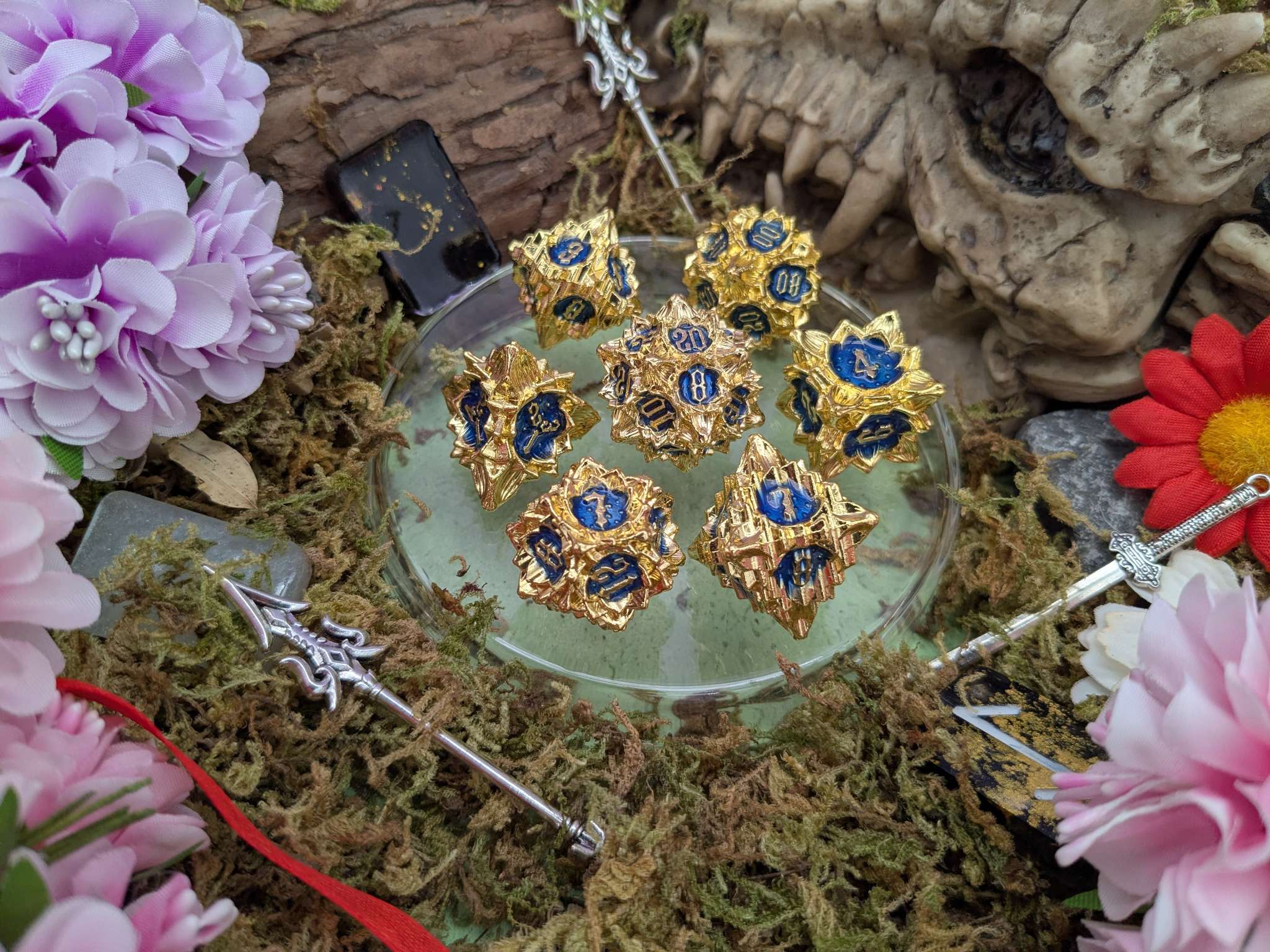 Flower Gold and Blue Metal Core Dice Set