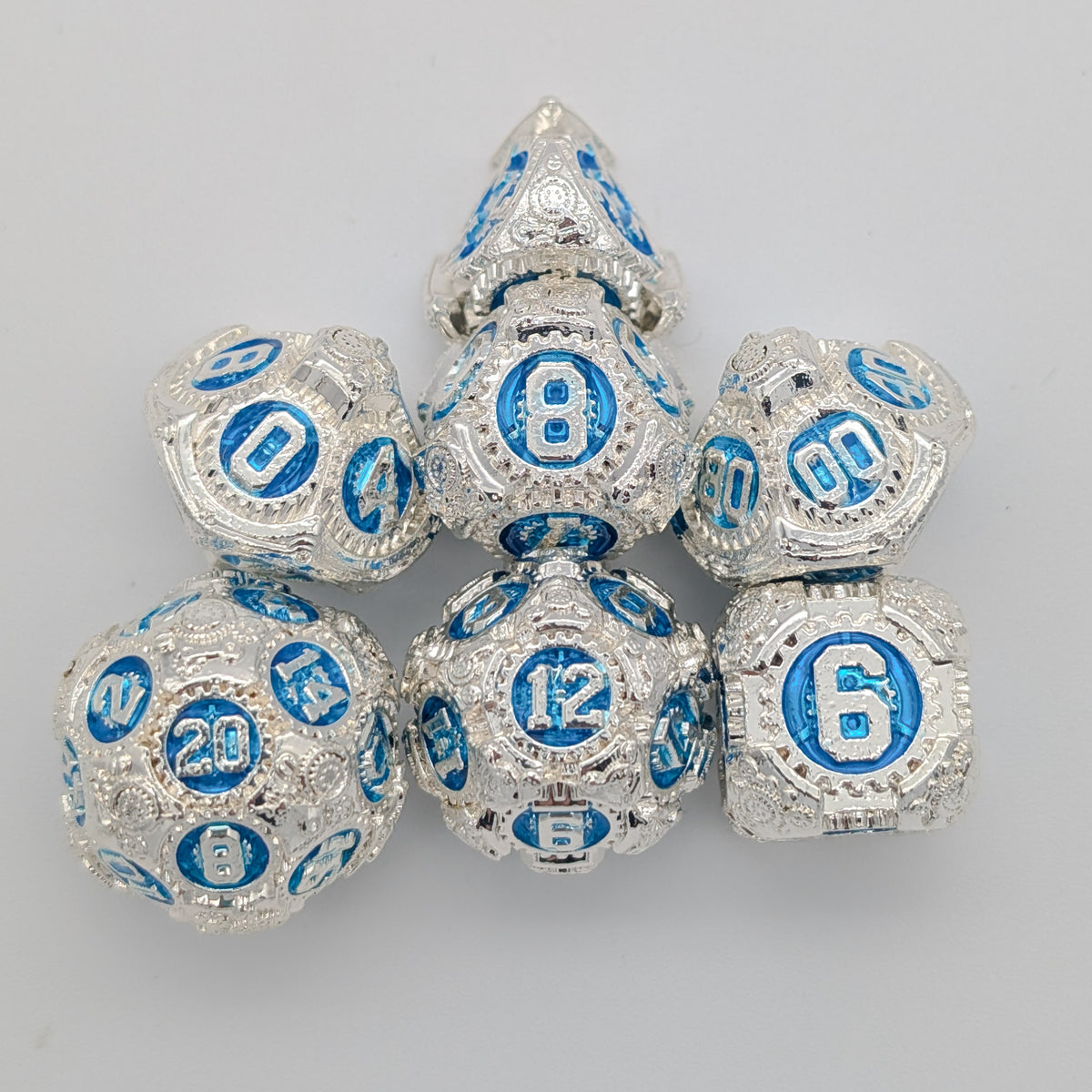 Gears Silver and Blue Metal Core Dice Set