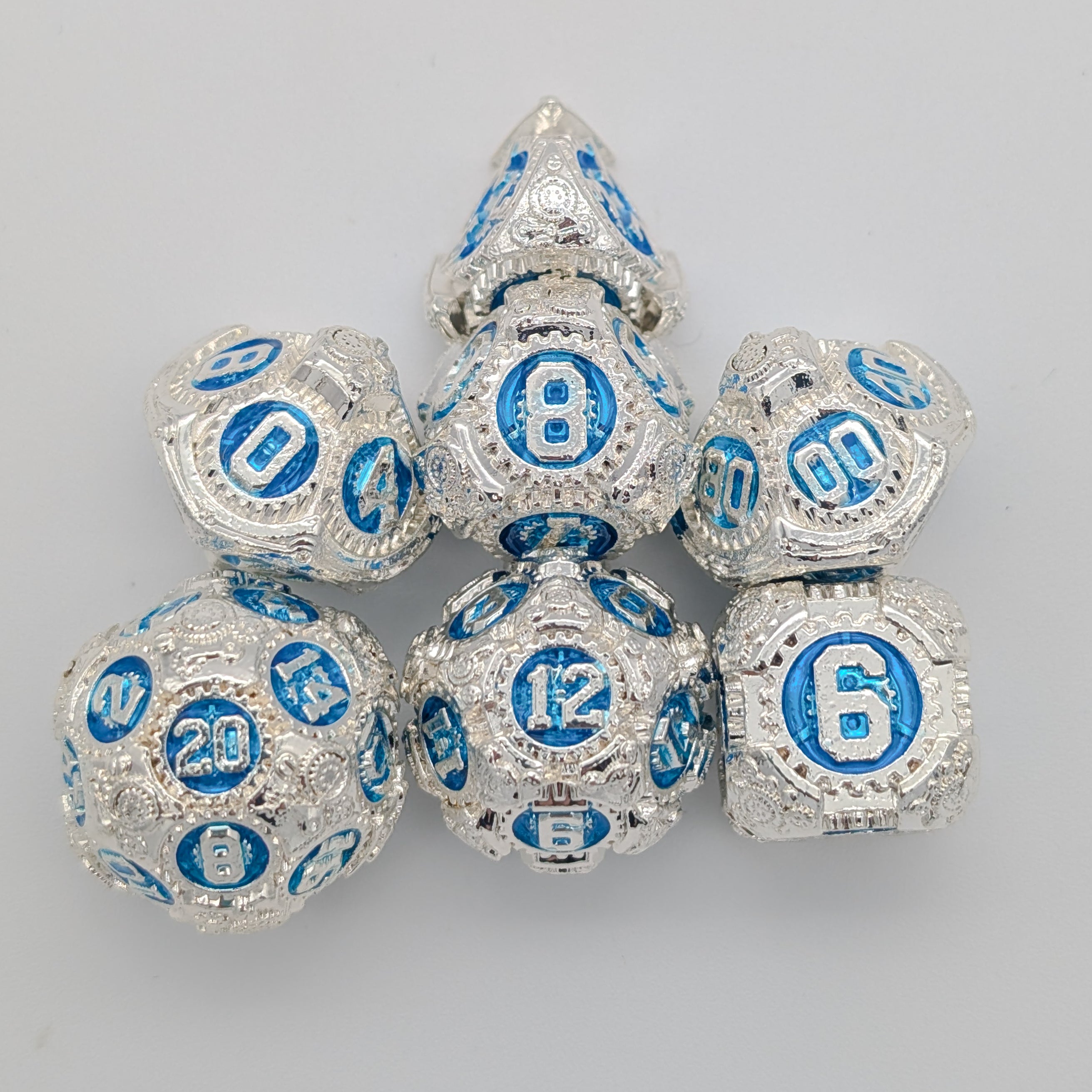 Gears Silver and Blue Metal Core Dice Set