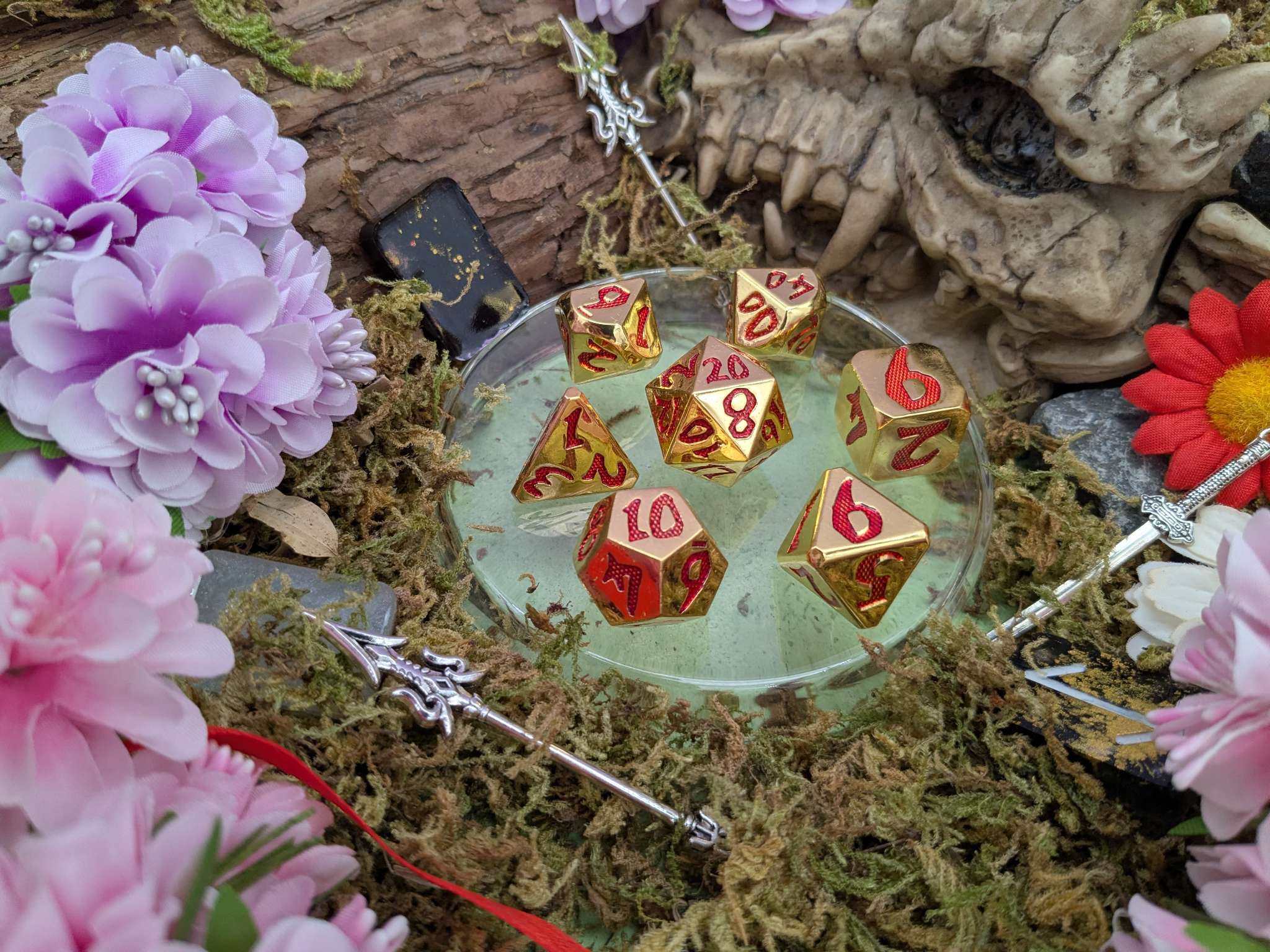 Large Number Gold and Red Metal Core Dice Set