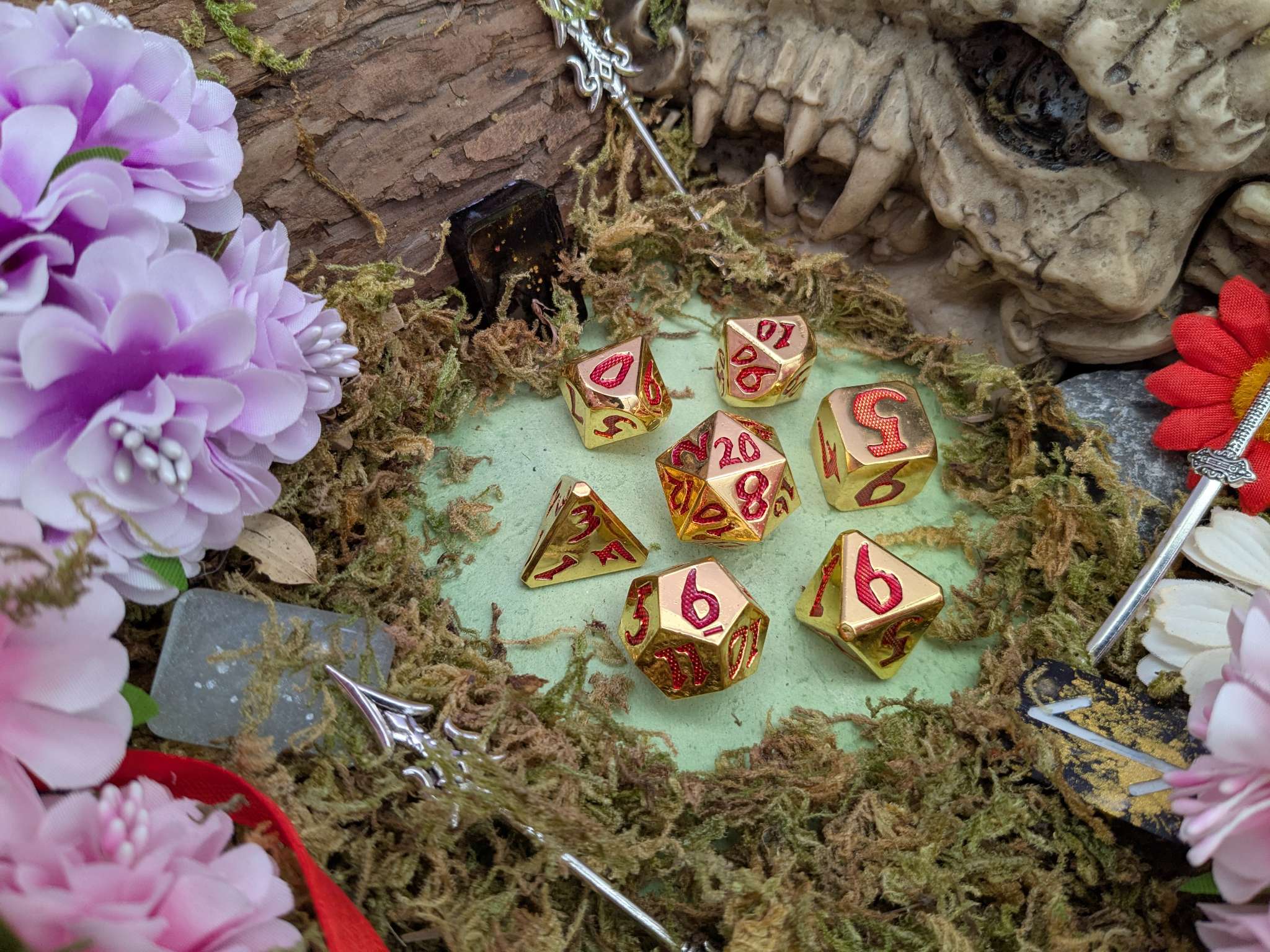 Large Number Gold and Red Metal Core Dice Set