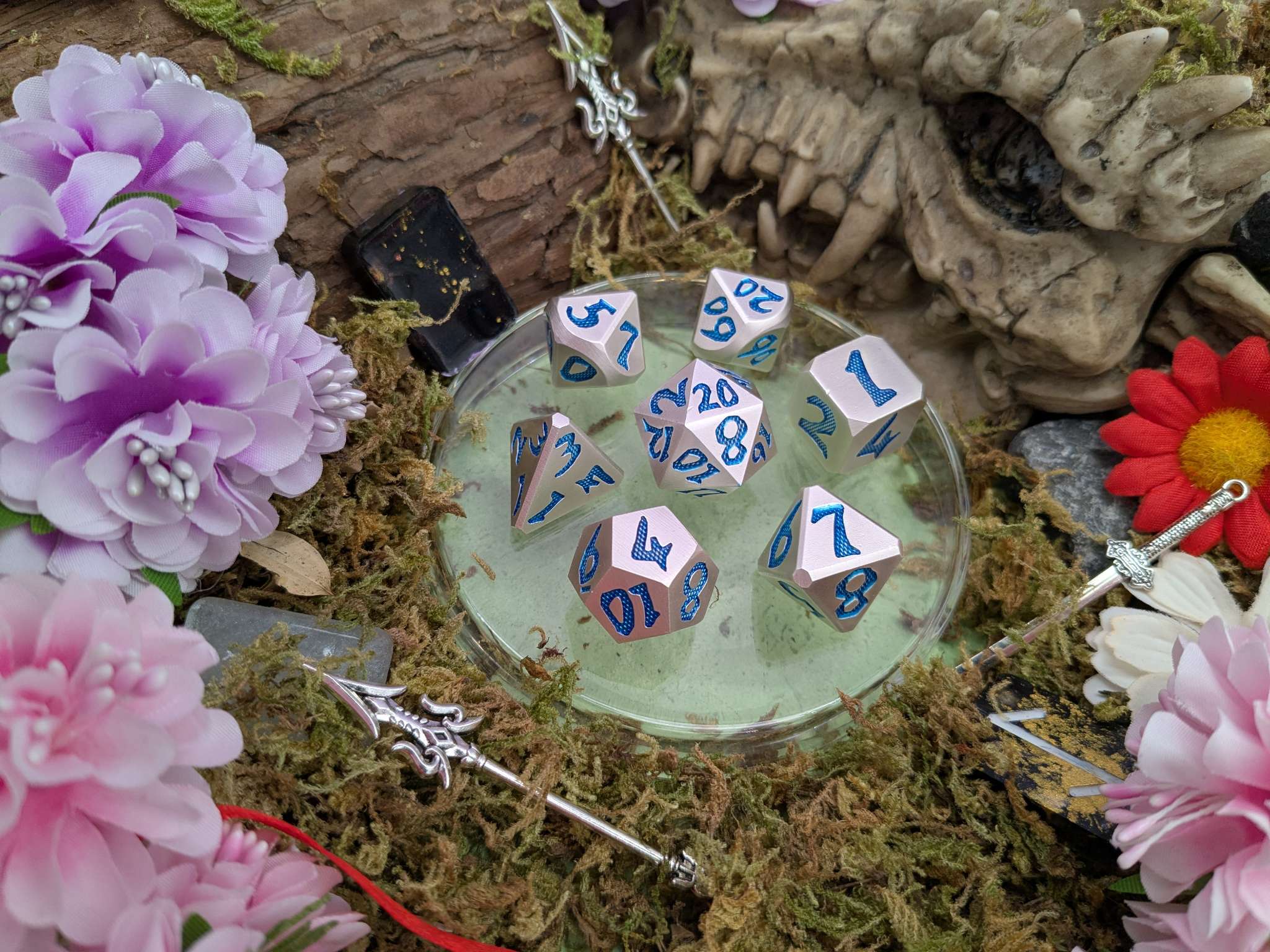Large Number Silver and Blue Metal Core Dice Set