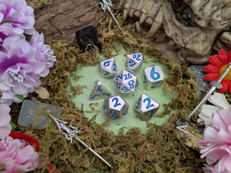 Large Number Silver and Blue Metal Core Dice Set
