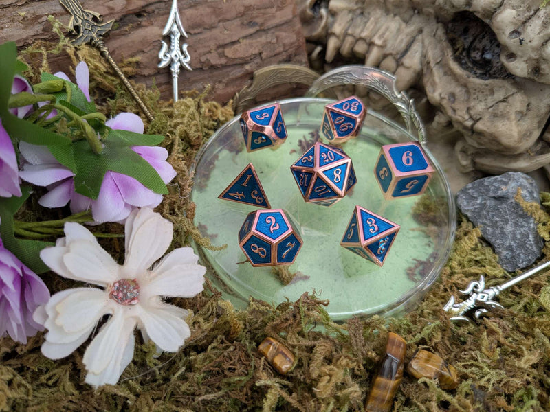 Blue and Rose Gold Metal Dice Set