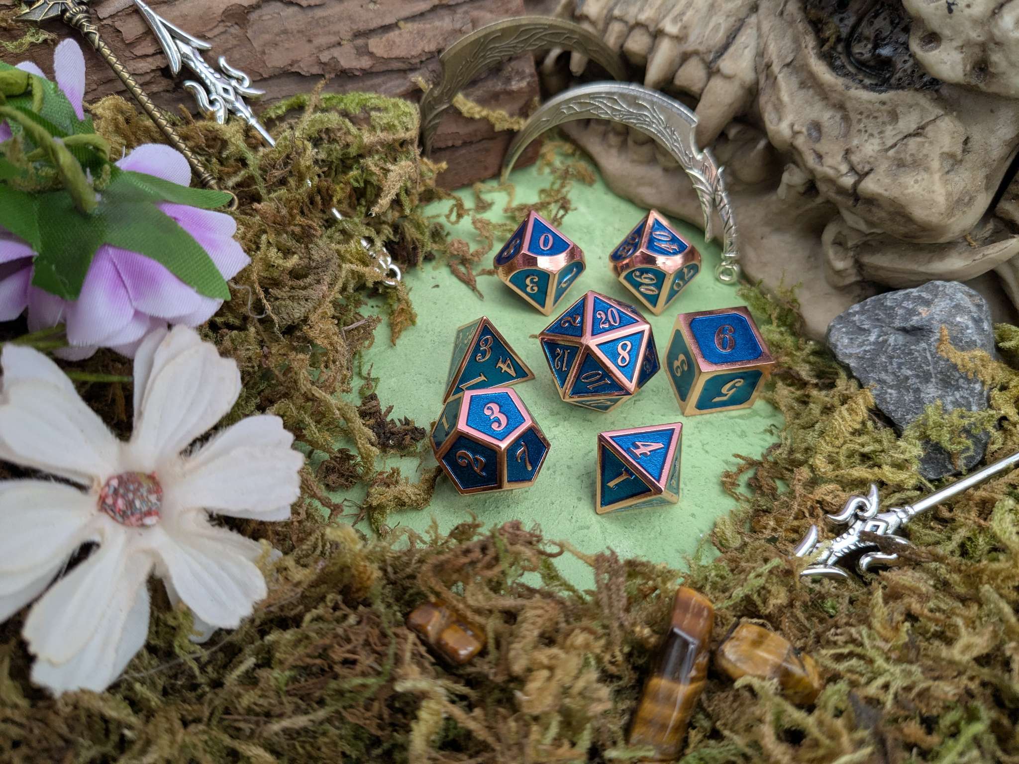 Blue and Rose Gold Metal Dice Set