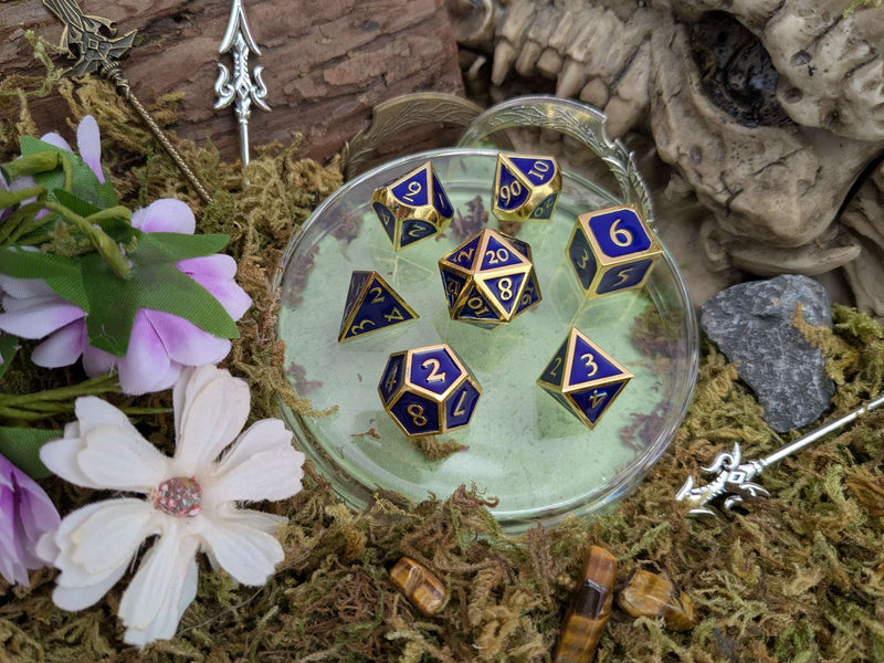 Blue and Gold Metal Dice Set