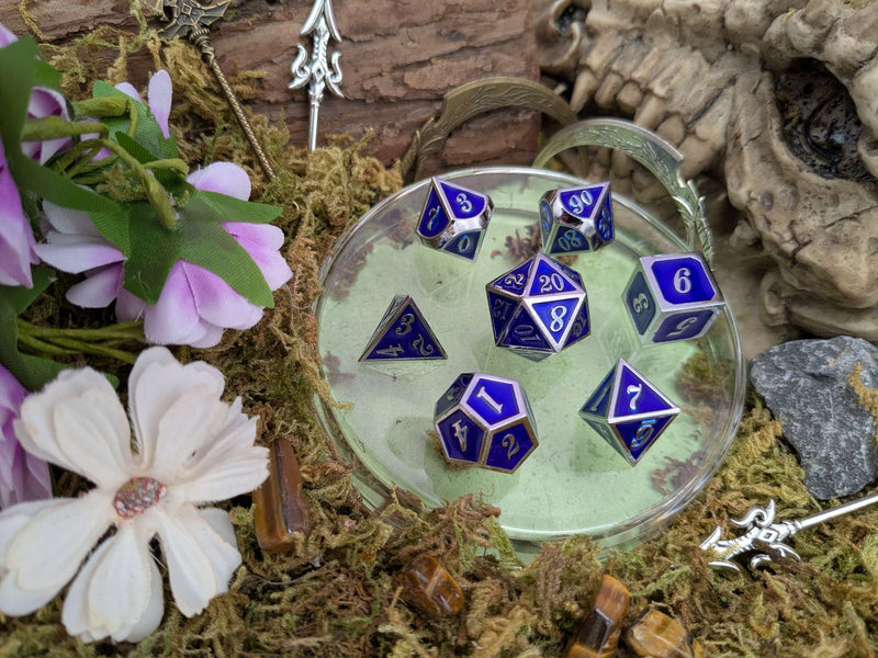 Simple Dark Blue and Silver Metal Core Dice Set