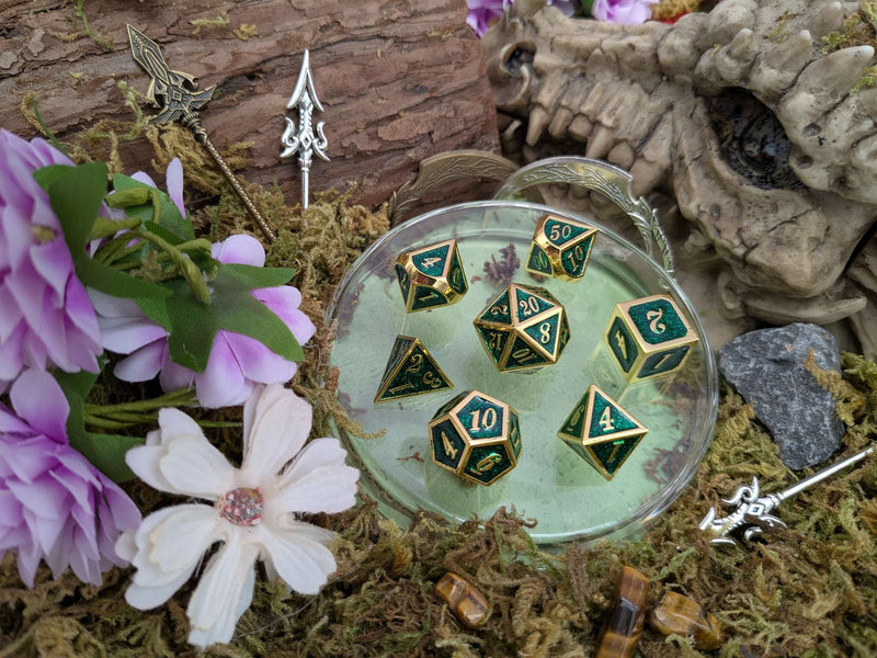 Green and Gold Metal Dice Set