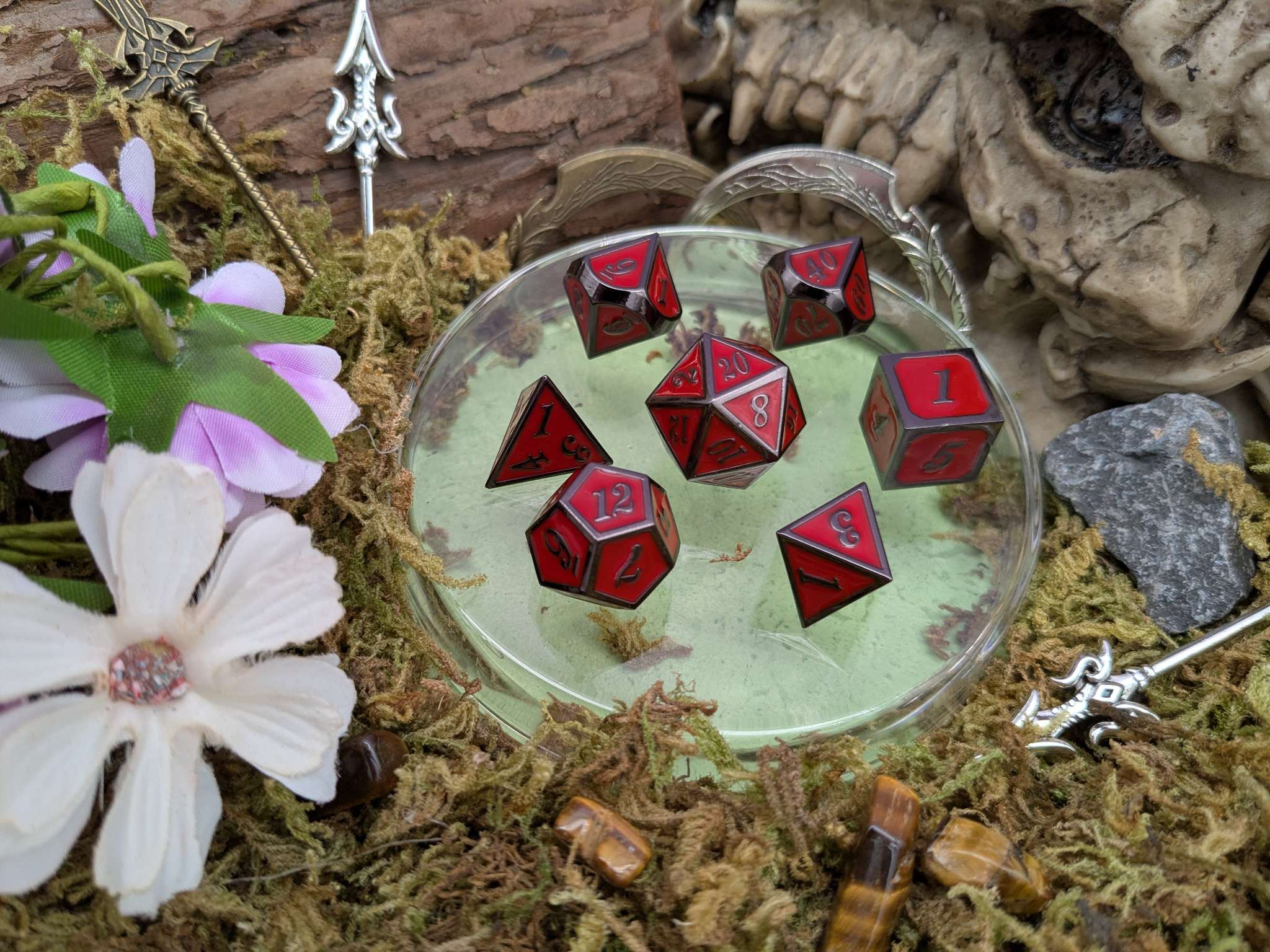 Red with Black outline Metal Dice Set